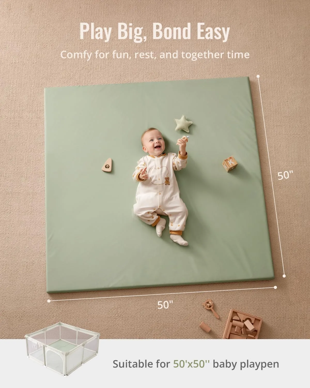 Blissful Diary Vegan Leather Baby Play Mat, 50x50 Thicken Foam Cushioned & Waterproof Playpen Mat for Infants and Toddlers, Stylish and Just Wipe-Clean Playmat for Baby Play on Floor, Light Green