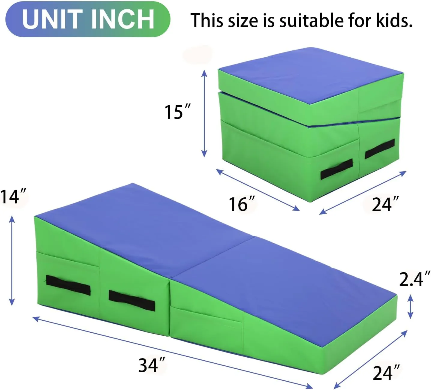 BLKMTY Gymnastics Mat Incline Mat for Kids, 34"x24" Folding Tumbling Mats Cheese Wedge Mat Kids Indoor Exercise Yoga Mat for Gymnastics Home Gym Mat W/Non-Slip PVC Surface and Handle, Small