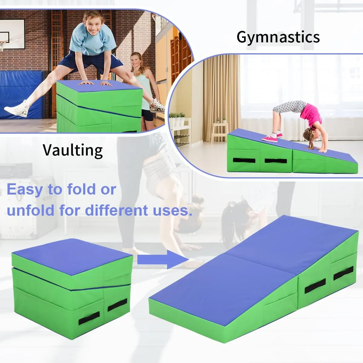 BLKMTY Gymnastics Mat Incline Mats 48"x24" Folding Tumbling Mats Cheese Wedge Mat Kids Cheese Mat Indoor/Outdoor Exercise Yoga Mat for Gymnastics Home Gym Mat W/Non-Slip PVC Surface and Handle