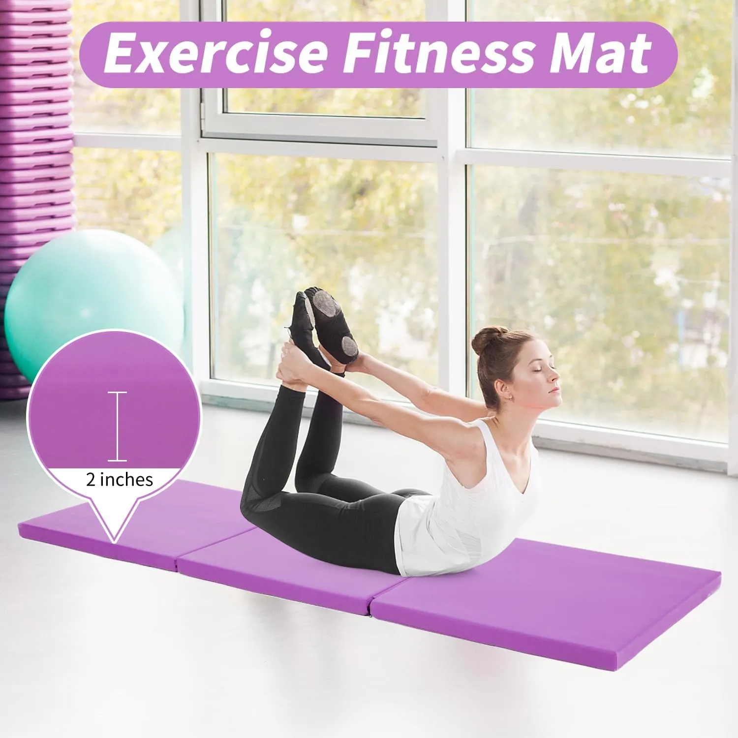 BLKMTY Gymnastics Mats - 2'x6' Folding Exercise & Yoga Mat with Carrying Handles for Kids' Tumbling & Home Gym