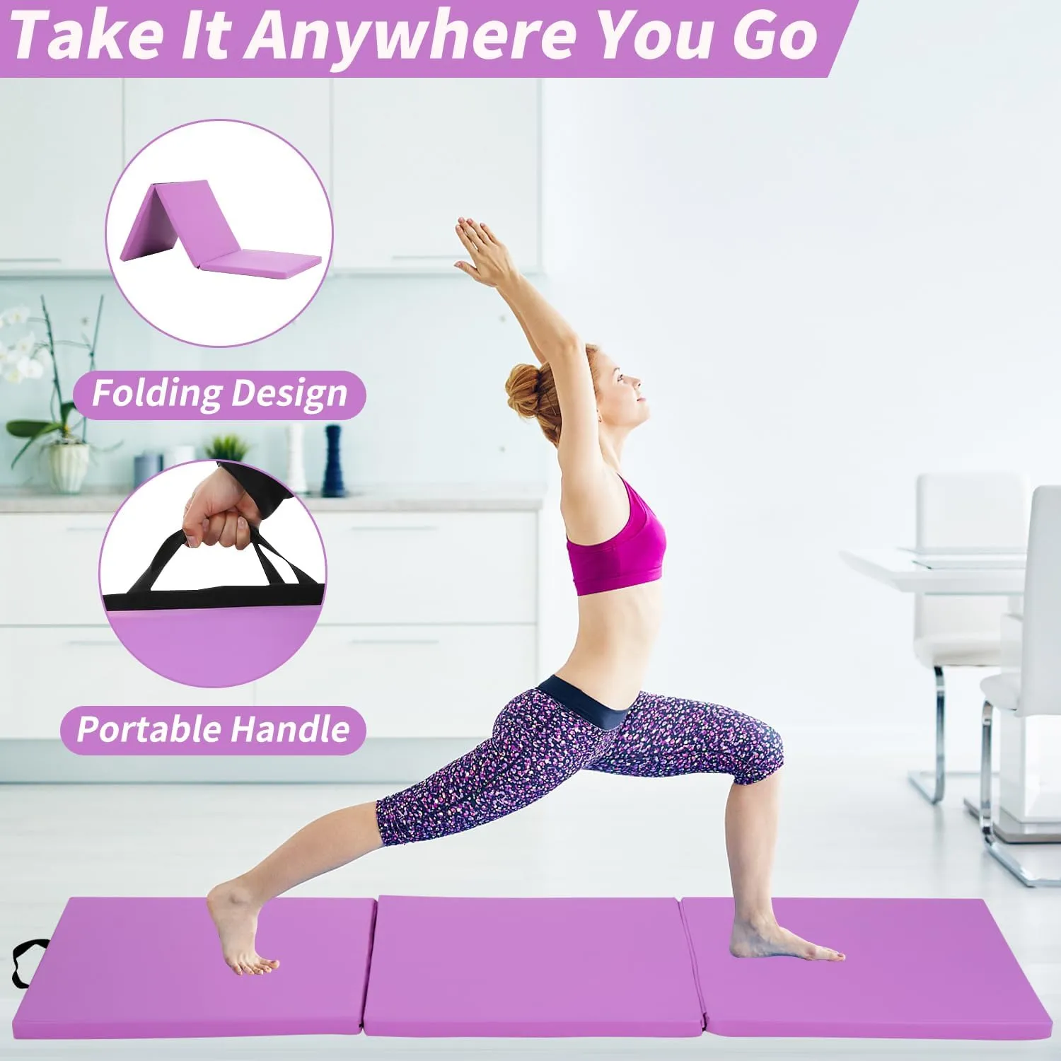 BLKMTY Gymnastics Mats - 2'x6' Folding Exercise & Yoga Mat with Carrying Handles for Kids' Tumbling & Home Gym