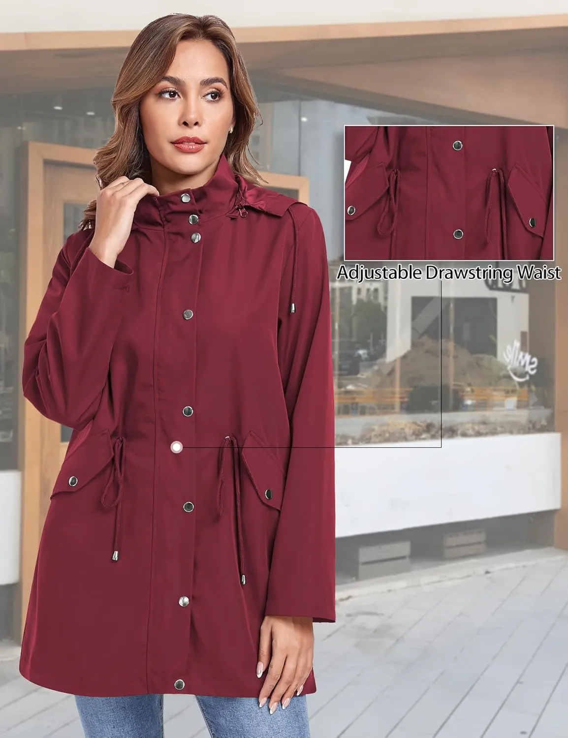 Bloggerlove Rain Jacket for Women Waterproof with Hood Trech Coat for Women Lightweight Raincoats Long Windbreaker
