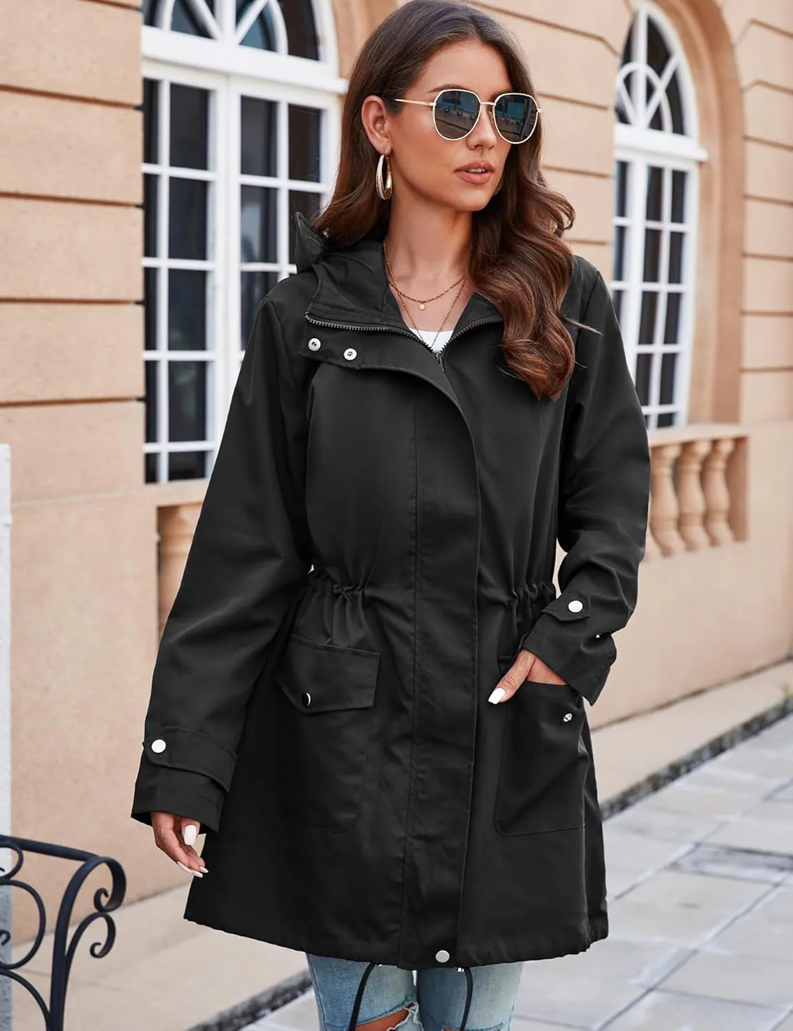 Bloggerlove Rain Jacket for Women Waterproof with Hood Trech Coat for Women Lightweight Raincoats Long Windbreaker