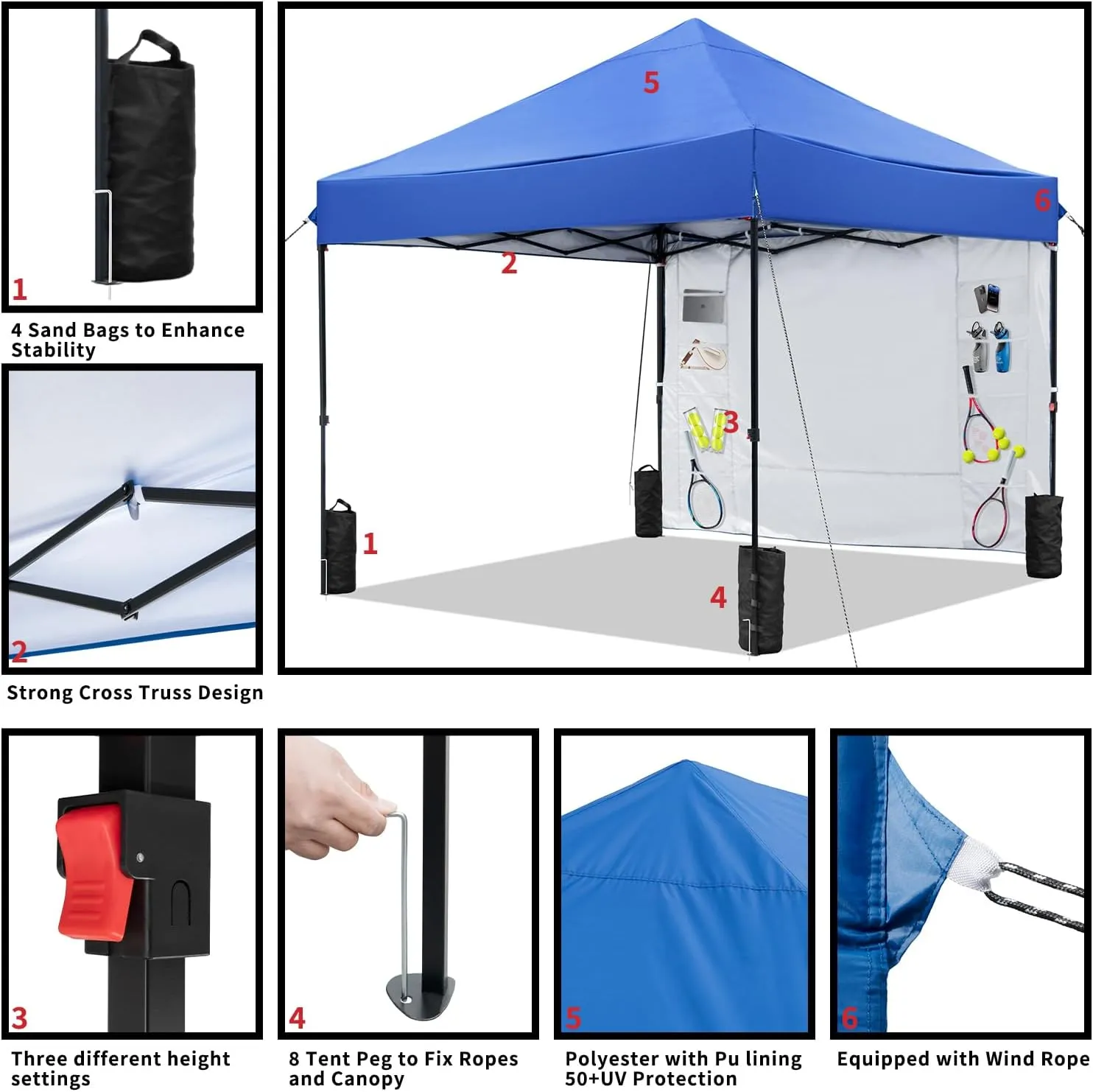 Blue 10x10 FT Pop Up Canopy Tent with 1 Sidewall, Heavy Duty Canopy for Outdoor, Commercial Instant Gazebos, for Party, Patio, by Kendane.
