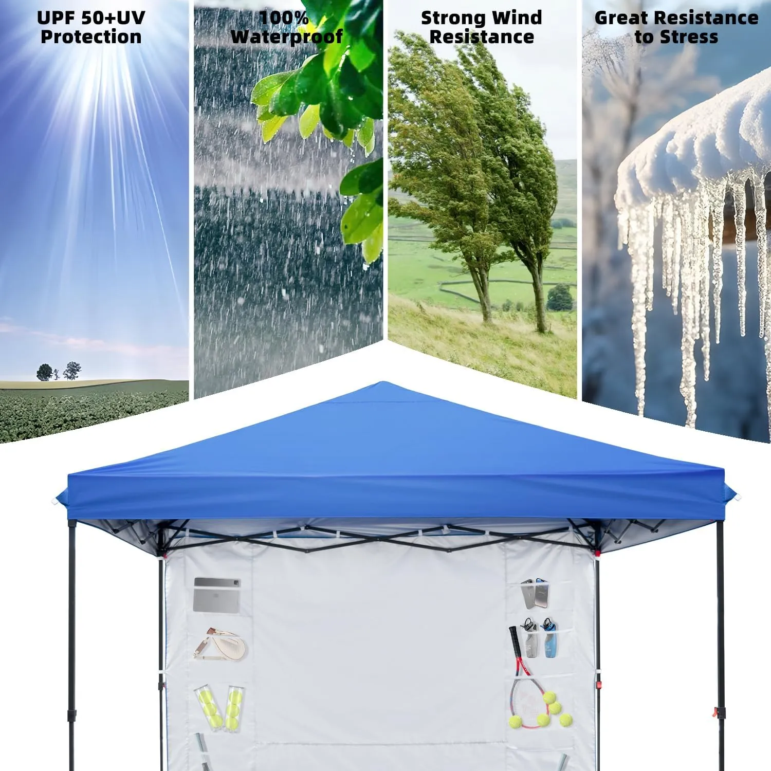 Blue 10x10 FT Pop Up Canopy Tent with 1 Sidewall, Heavy Duty Canopy for Outdoor, Commercial Instant Gazebos, for Party, Patio, by Kendane.