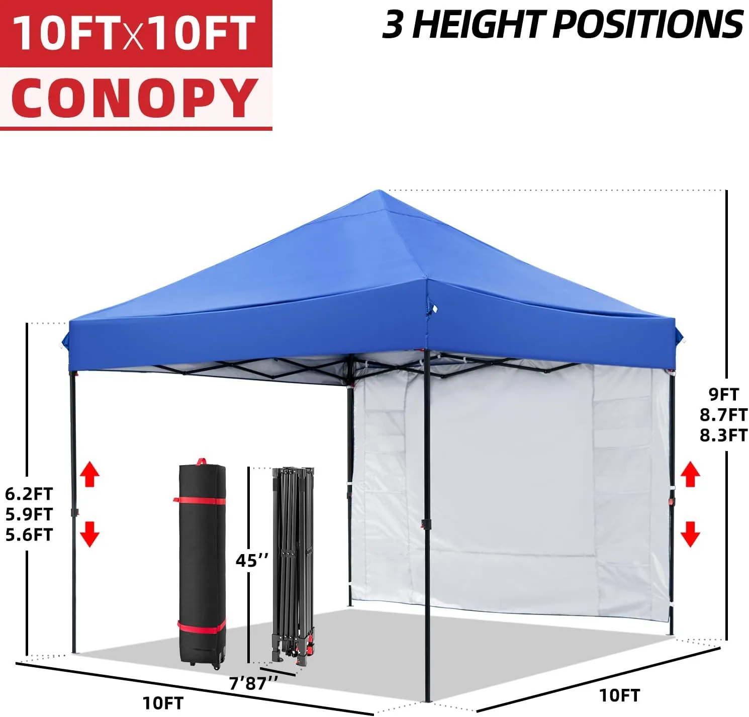 Blue 10x10 FT Pop Up Canopy Tent with 1 Sidewall, Heavy Duty Canopy for Outdoor, Commercial Instant Gazebos, for Party, Patio, by Kendane.