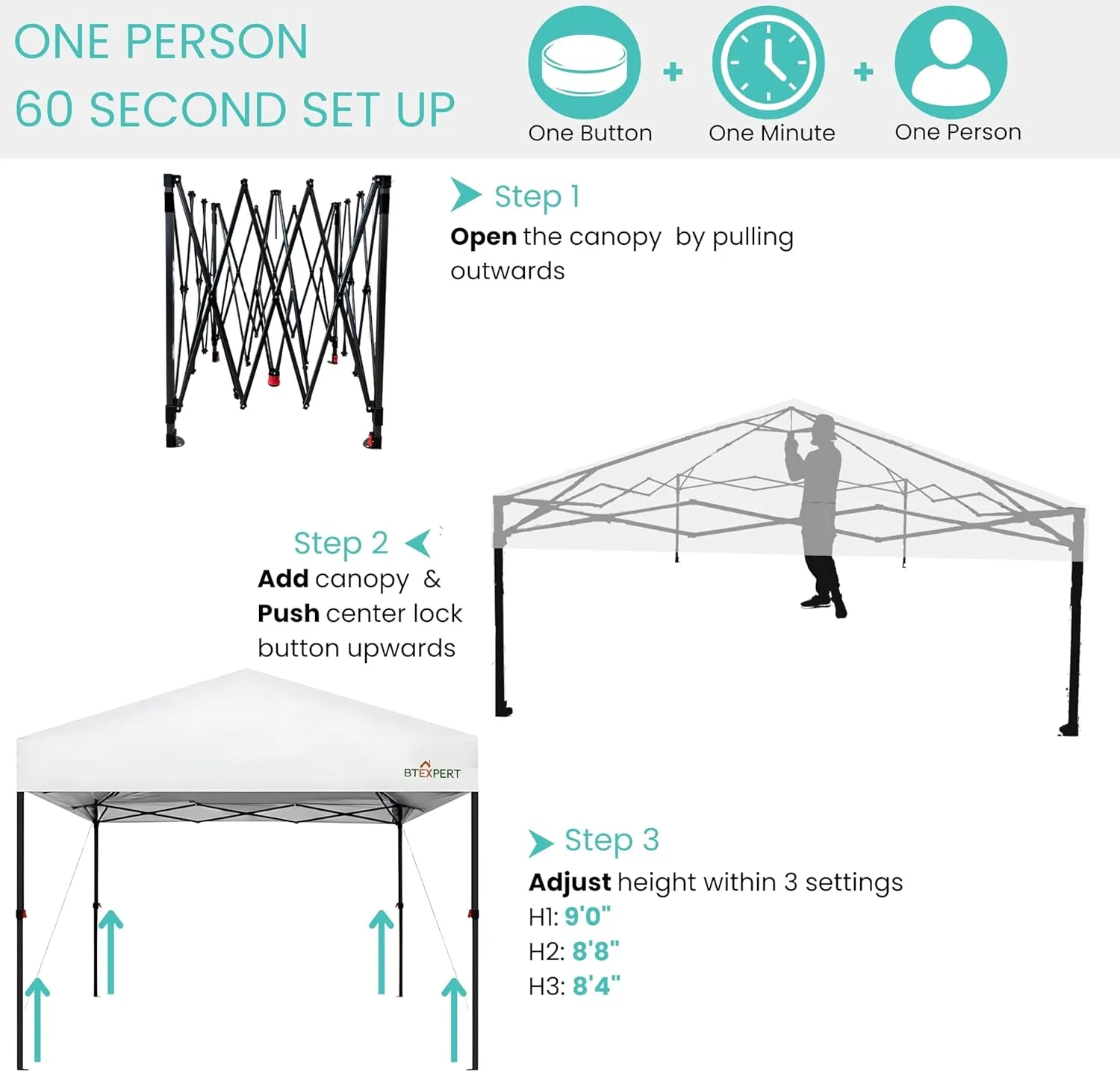 BTEXPERT 10x10ft 1-Person Setup Instant Pop Up Canopy Tent, One Touch Portable Commercial Shelter Outdoor Gazebo 1-Button Push Carrying Wheeled Bag for Home Party Deck Beach Wedding Camping Backyard