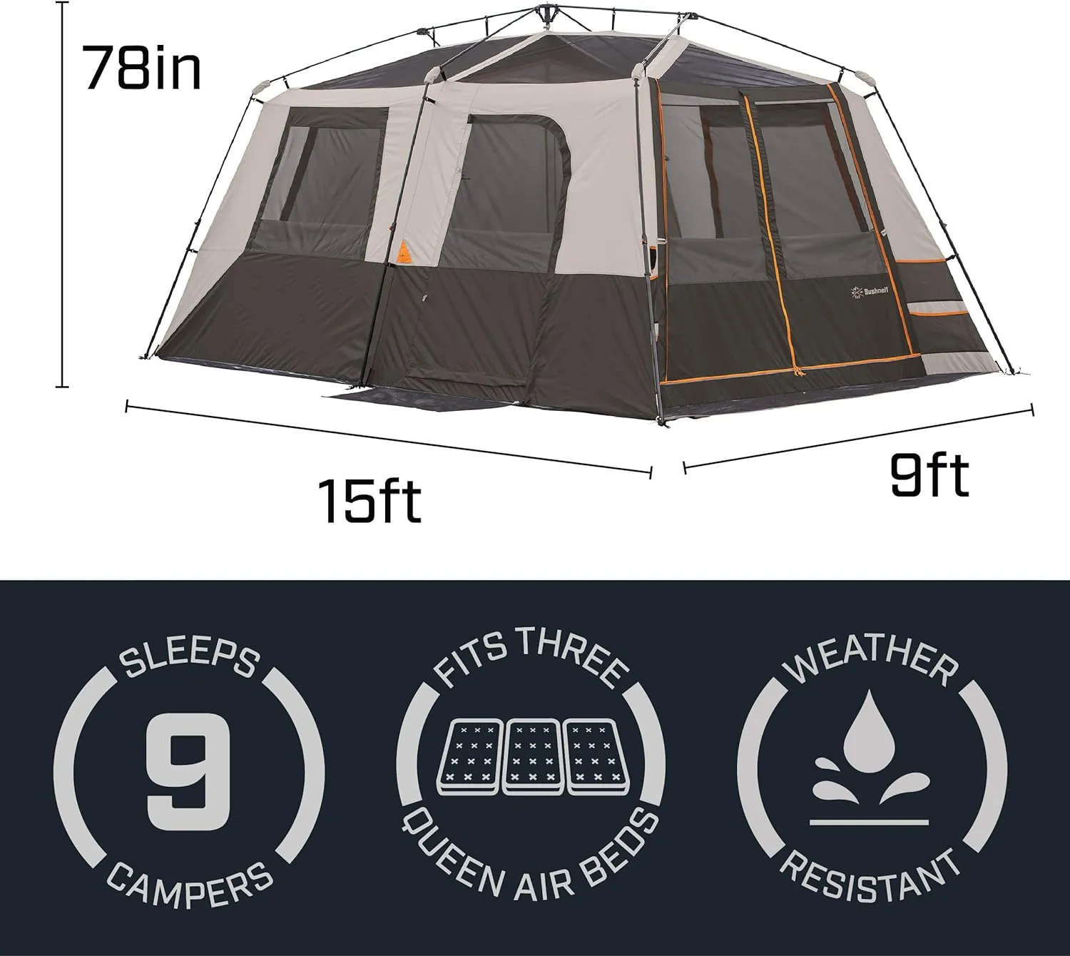 Bushnell Instant Tent | 6 Person / 9 Person / 12 Person Shield Series Instant Tents Cabin Design Perfect for 3 Season Family Camping, Hunting, and Fishing with Fast Setup