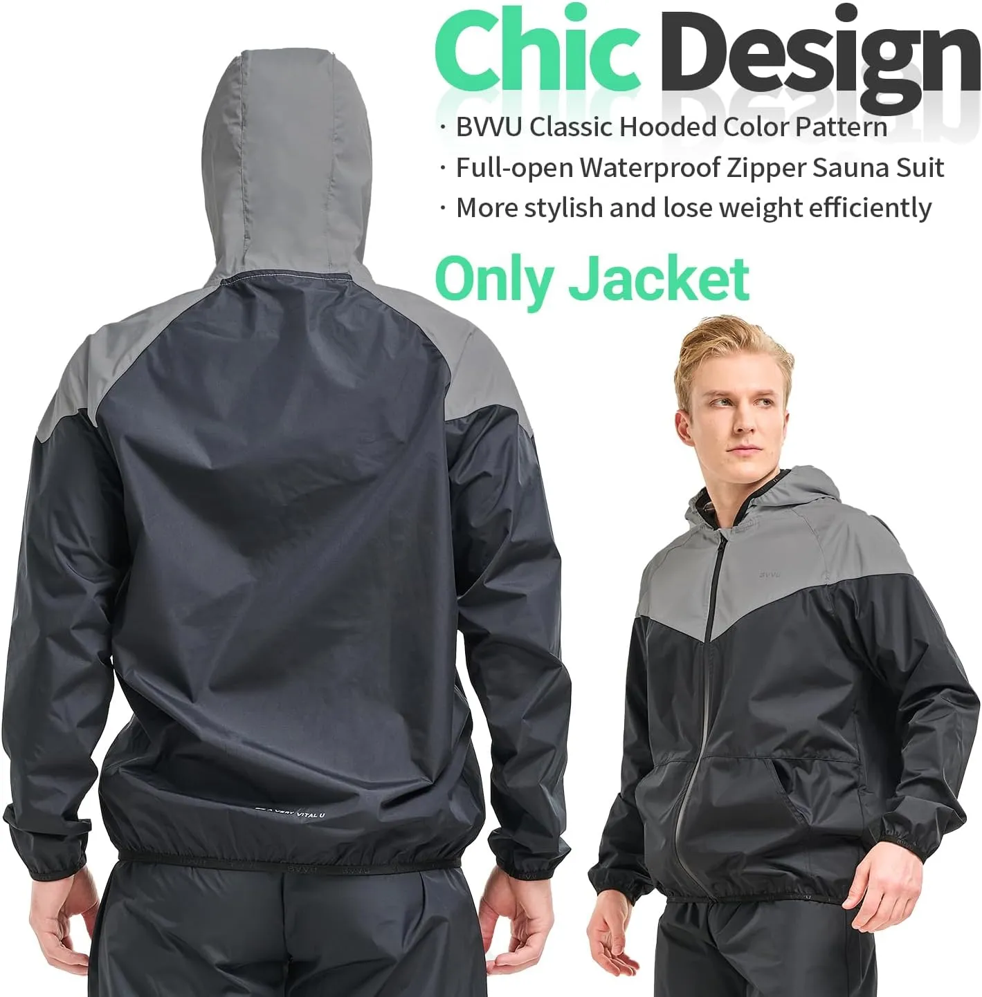 BVVU Sauna Suit for Men Zipper Sweat Suits with Hood Sauna Jacket Pants Gym Workout Full Body