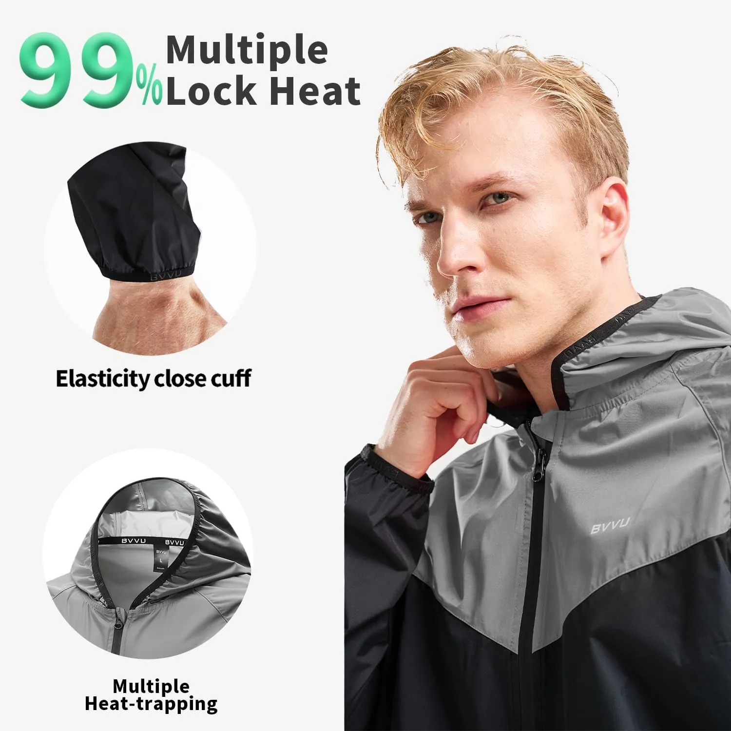 BVVU Sauna Suit for Men Zipper Sweat Suits with Hood Sauna Jacket Pants Gym Workout Full Body
