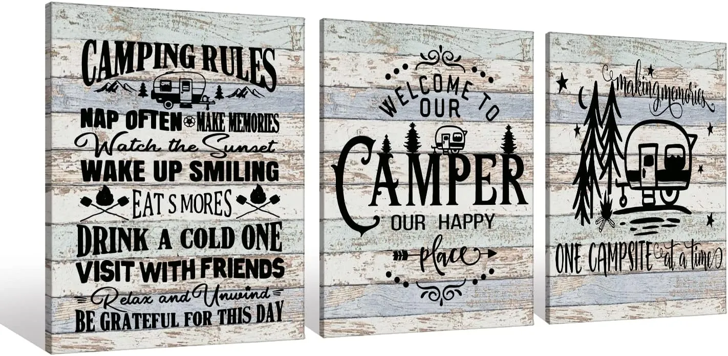 Camper Camping Rules Campsite Canvas Wall Art Prints Artwork Signs Framed for Lake House Cabin Porch Campsite Wall Decor Home Room RV Decor, 3 Pieces 11X14 inch, Friends Family Housewarming Gift
