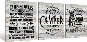 Camper Camping Rules Campsite Canvas Wall Art Prints Artwork Signs Framed for Lake House Cabin Porch Campsite Wall Decor Home Room RV Decor, 3 Pieces 11X14 inch, Friends Family Housewarming Gift