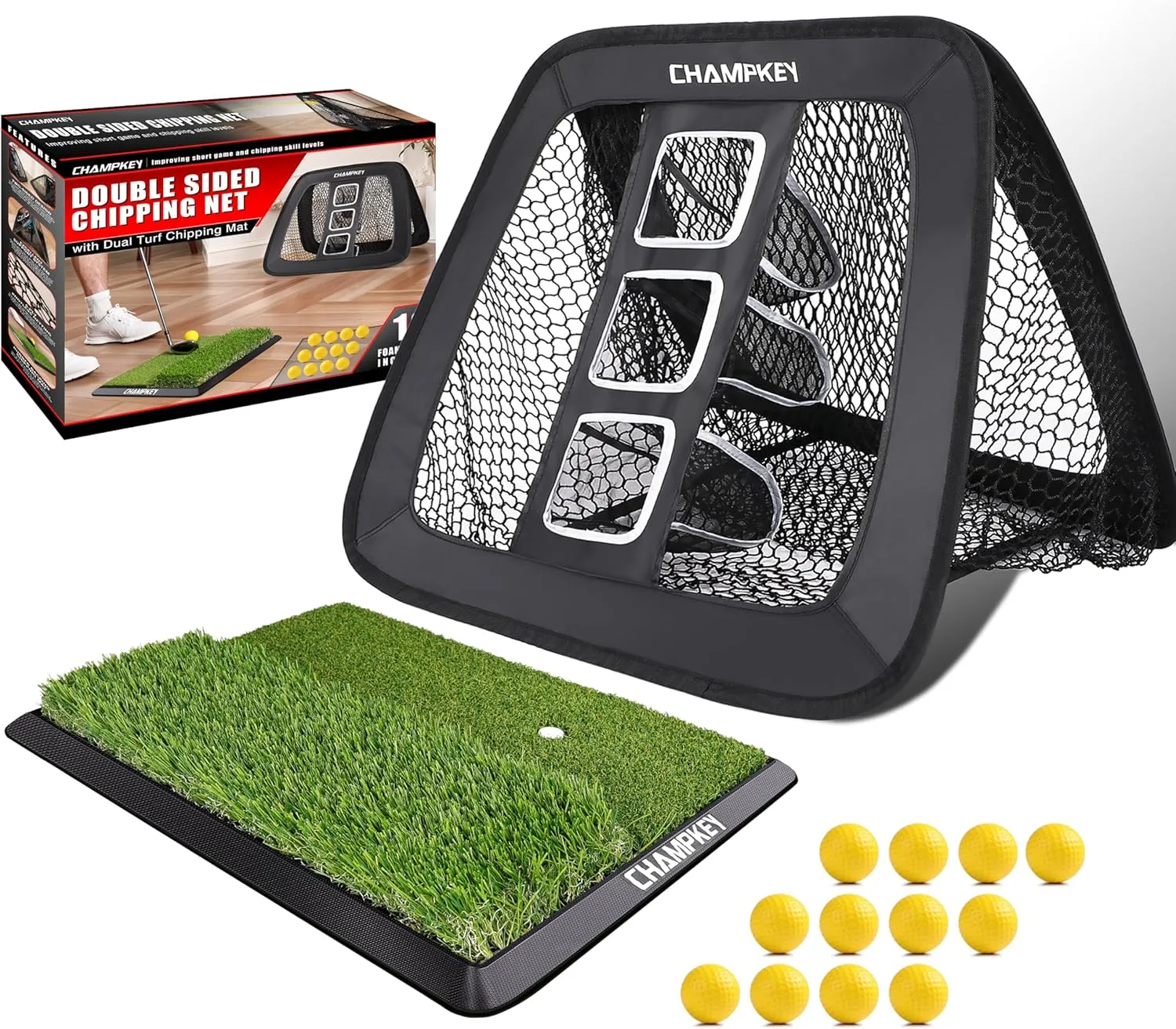 CHAMPKEY Double -Sided Golf Chipping Net with Mat and 12 Foam Balls - Professional Golf Practice Net Ideal for Indoor and Outdoor Training