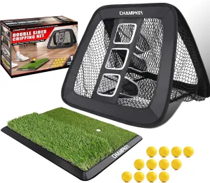 CHAMPKEY Double -Sided Golf Chipping Net with Mat and 12 Foam Balls - Professional Golf Practice Net Ideal for Indoor and Outdoor Training