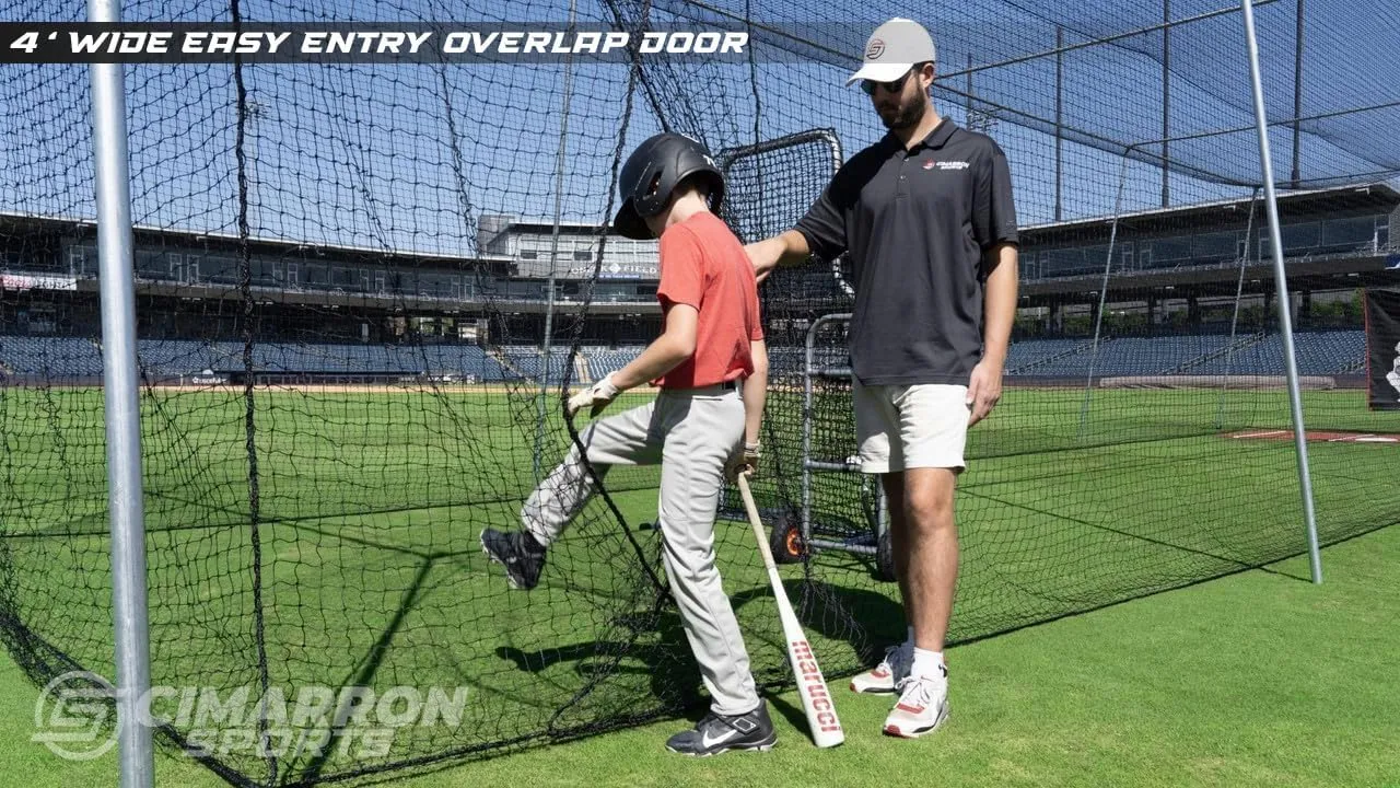 Cimarron Sports Commercial Baseball Softball Batting Cage Tunnel, Frame, Net, L-Screen, Backstop, Home Plate Mat, Ground Supports