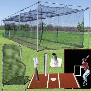Cimarron Sports Commercial Baseball Softball Batting Cage Tunnel, Frame, Net, L-Screen, Backstop, Home Plate Mat, Ground Supports