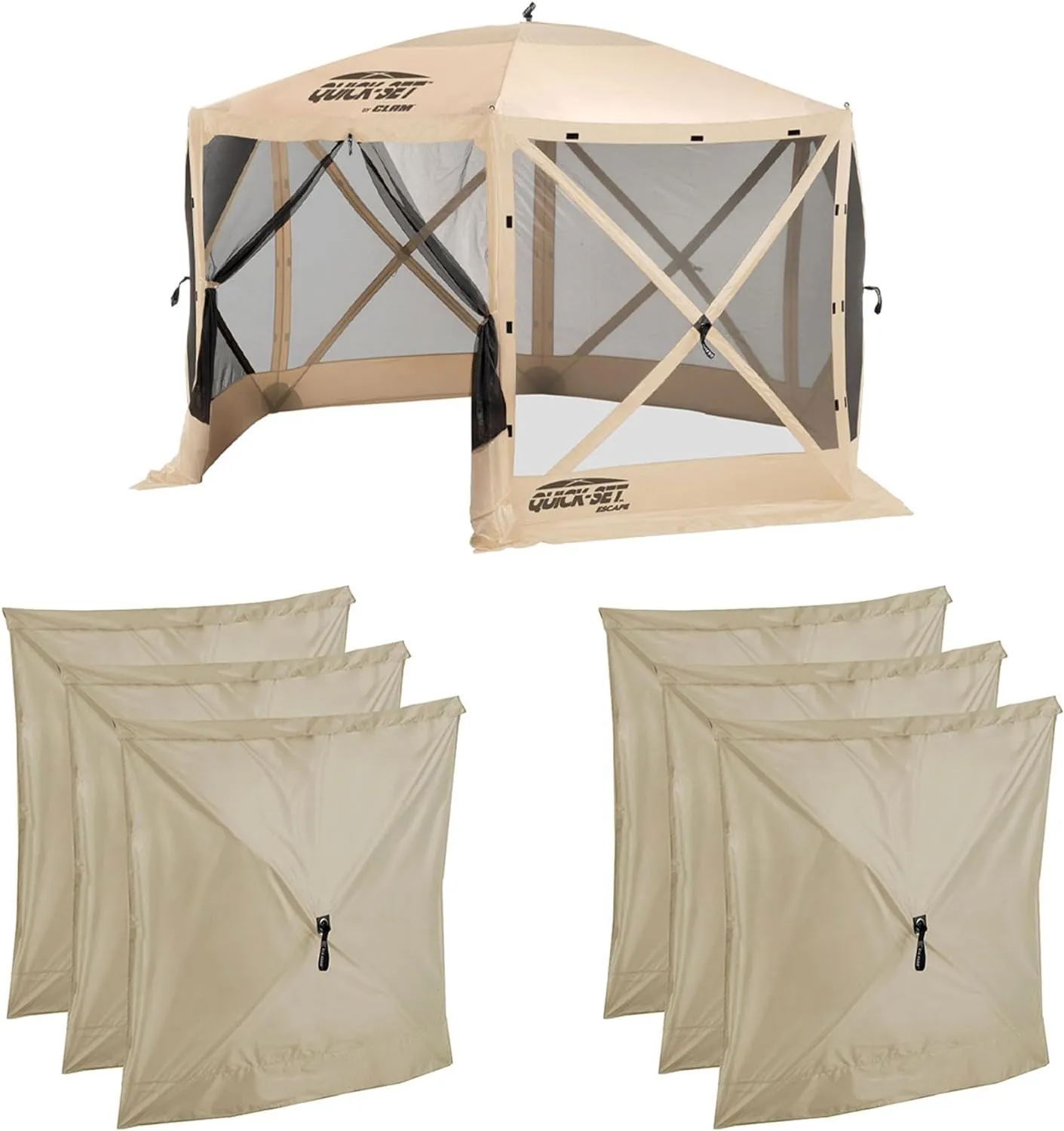 CLAM Quick-Set Escape 12 x 12 Foot Portable Pop Up Camping Outdoor Gazebo 6 Sided Canopy Shelter   2 Pack of Wind and Sun Panels