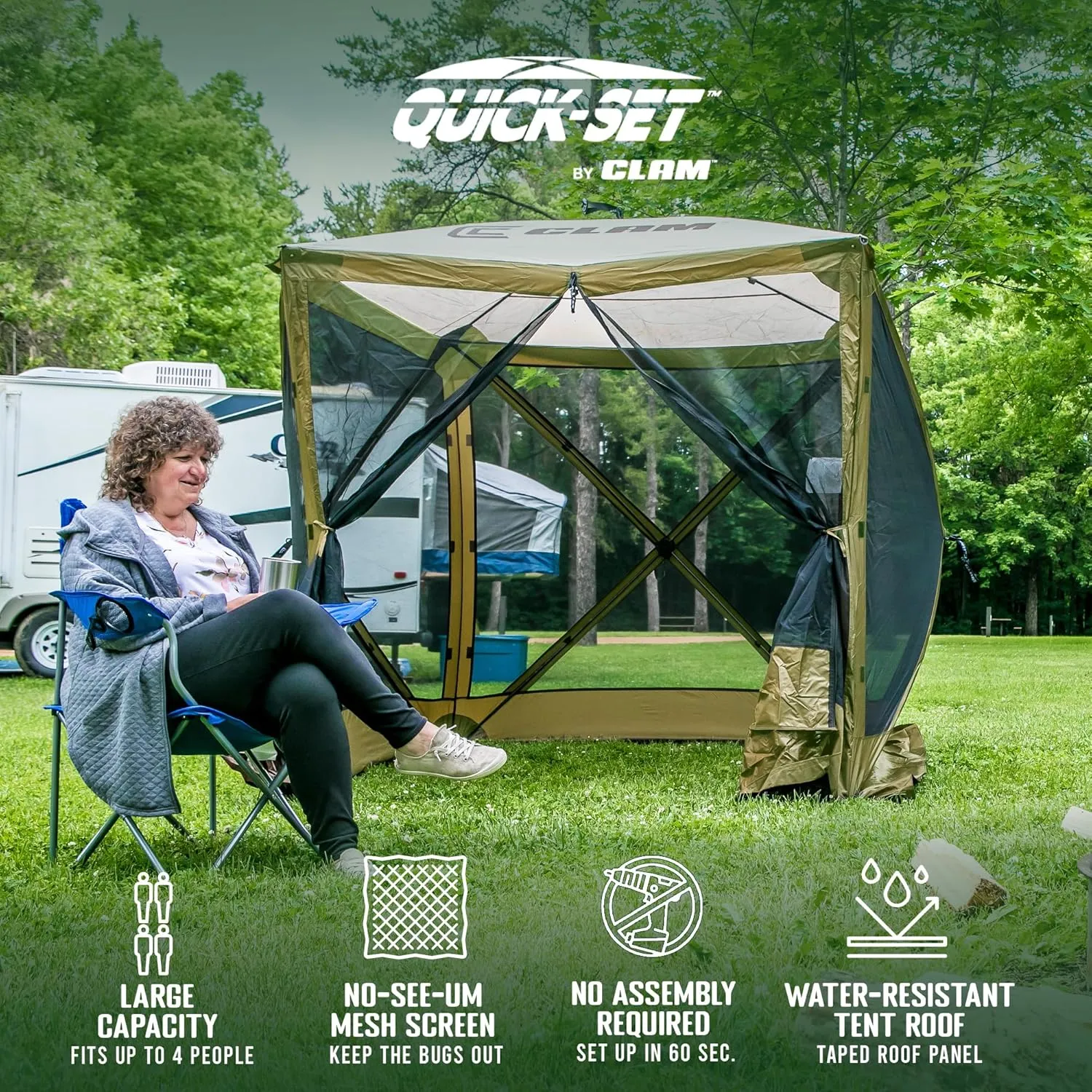 CLAM Quick Set Traveler 6x6Ft Portable Outdoor 4 Sided Canopy Shelter, Green/Tan   Clam Quick Set Screen Hub Tent, Accessory Only, Green (3 Pack)
