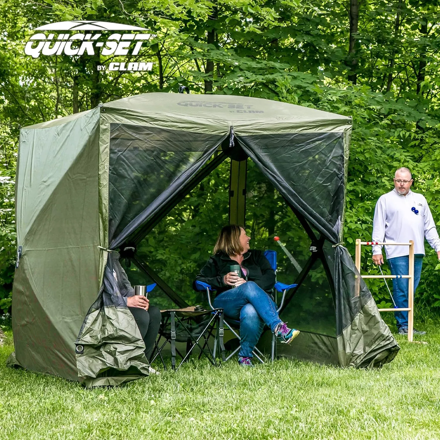 CLAM Quick Set Traveler 6x6Ft Portable Outdoor 4 Sided Canopy Shelter, Green/Tan   Clam Quick Set Screen Hub Tent, Accessory Only, Green (3 Pack)
