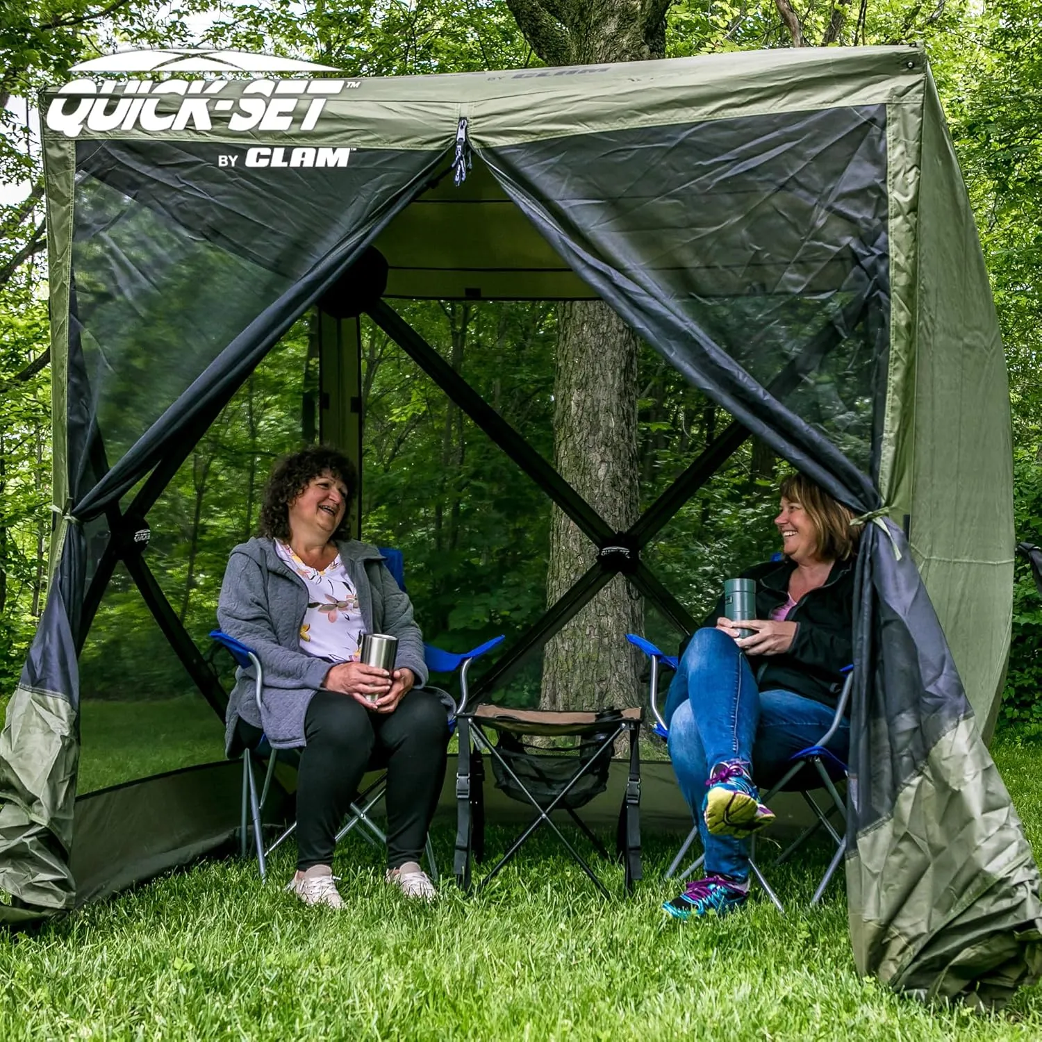 CLAM Quick Set Traveler 6x6Ft Portable Outdoor 4 Sided Canopy Shelter, Green/Tan   Clam Quick Set Screen Hub Tent, Accessory Only, Green (3 Pack)