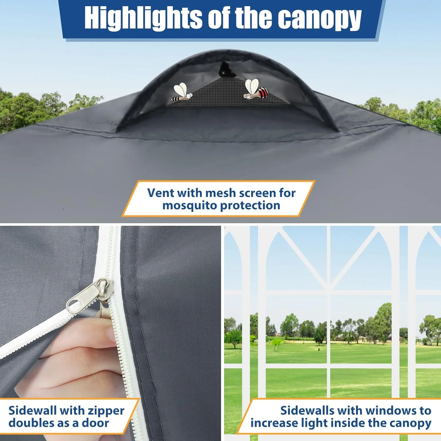 COBIZI 10x10 Pop Up Canopy Outdoor Ez Up Canopy Waterproof UPF50  Sun Protection Shade Tent, Gazebo with 3 Adjustable Height, Air Vent, 4 Sandbags, Carrying Bag for Camping, Party, Beach(Grey)