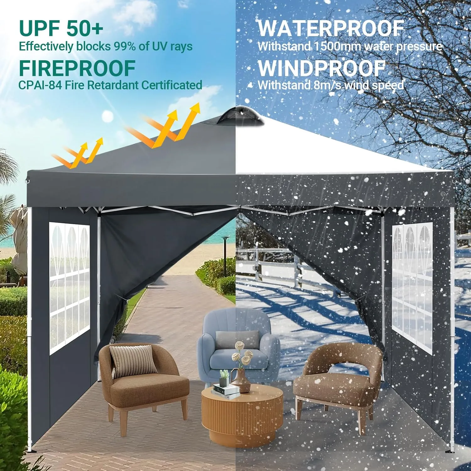 COBIZI 10x10 Pop Up Canopy Outdoor Ez Up Canopy Waterproof UPF50  Sun Protection Shade Tent, Gazebo with 3 Adjustable Height, Air Vent, 4 Sandbags, Carrying Bag for Camping, Party, Beach(Grey)