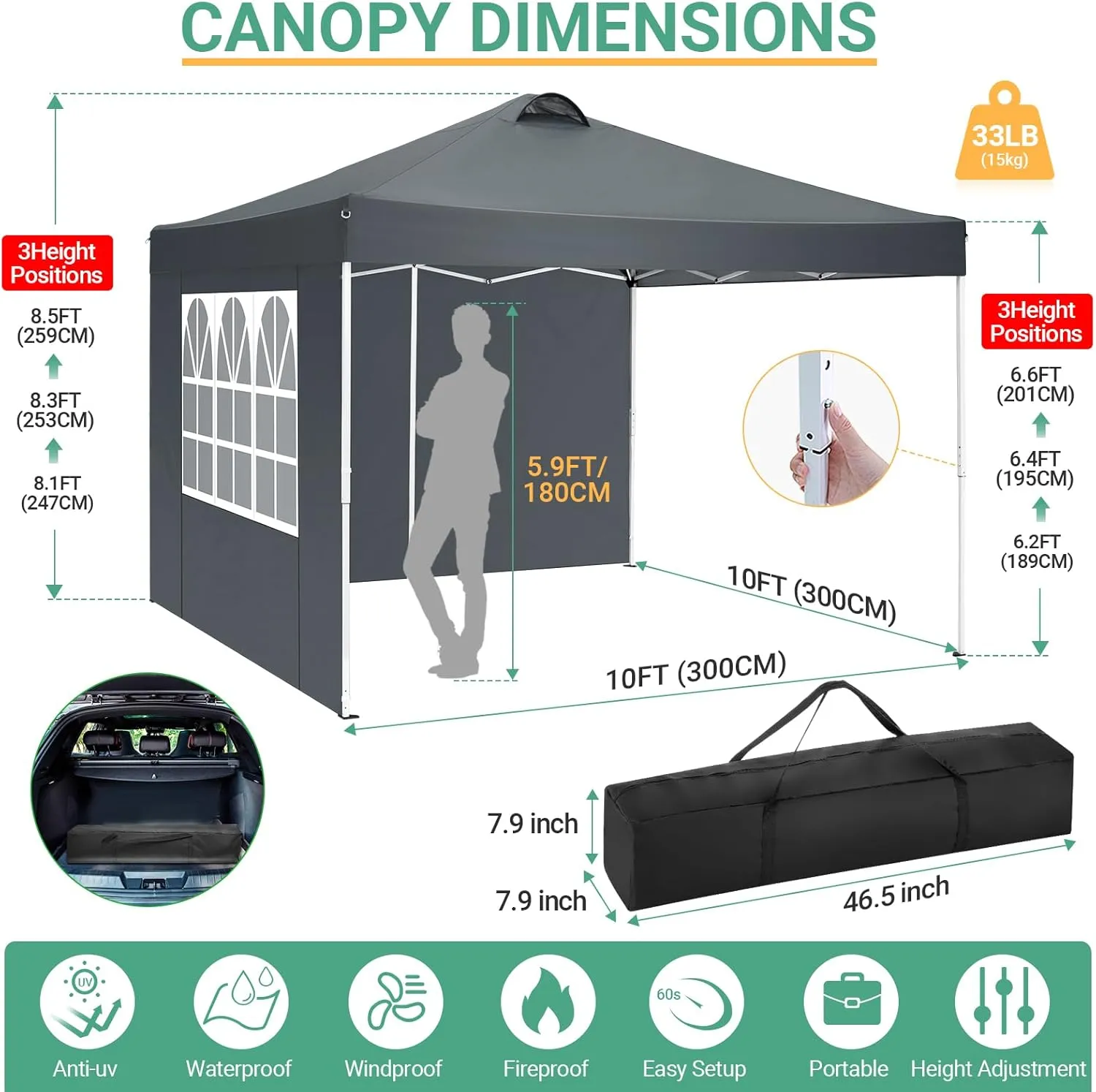 COBIZI 10x10 Pop Up Canopy Outdoor Ez Up Canopy Waterproof UPF50  Sun Protection Shade Tent, Gazebo with 3 Adjustable Height, Air Vent, 4 Sandbags, Carrying Bag for Camping, Party, Beach(Grey)