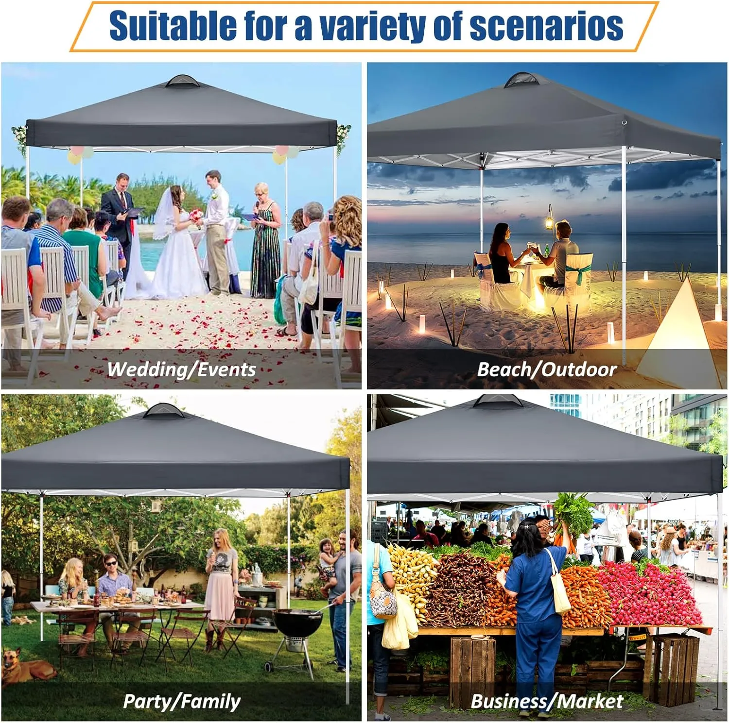 COBIZI 10x10 Pop Up Canopy Outdoor Ez Up Canopy Waterproof UPF50  Sun Protection Shade Tent, Gazebo with 3 Adjustable Height, Air Vent, 4 Sandbags, Carrying Bag for Camping, Party, Beach(Grey)