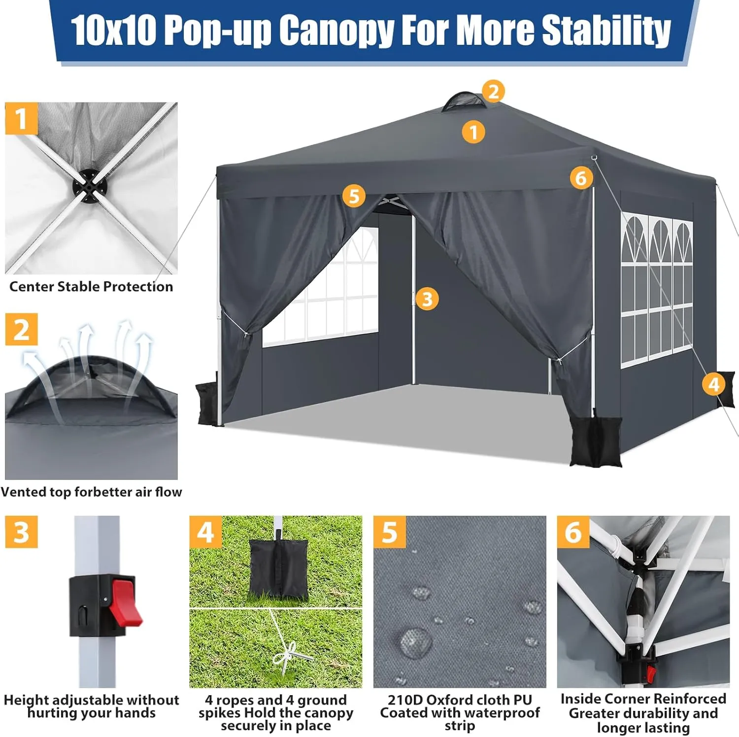 COBIZI 10x10 Pop Up Canopy Outdoor Ez Up Canopy Waterproof UPF50  Sun Protection Shade Tent, Gazebo with 3 Adjustable Height, Air Vent, 4 Sandbags, Carrying Bag for Camping, Party, Beach(Grey)