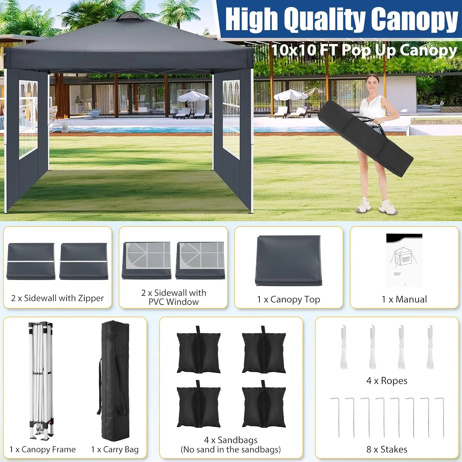 COBIZI 10x10 Pop Up Canopy Outdoor Ez Up Canopy Waterproof UPF50  Sun Protection Shade Tent, Gazebo with 3 Adjustable Height, Air Vent, 4 Sandbags, Carrying Bag for Camping, Party, Beach(Grey)