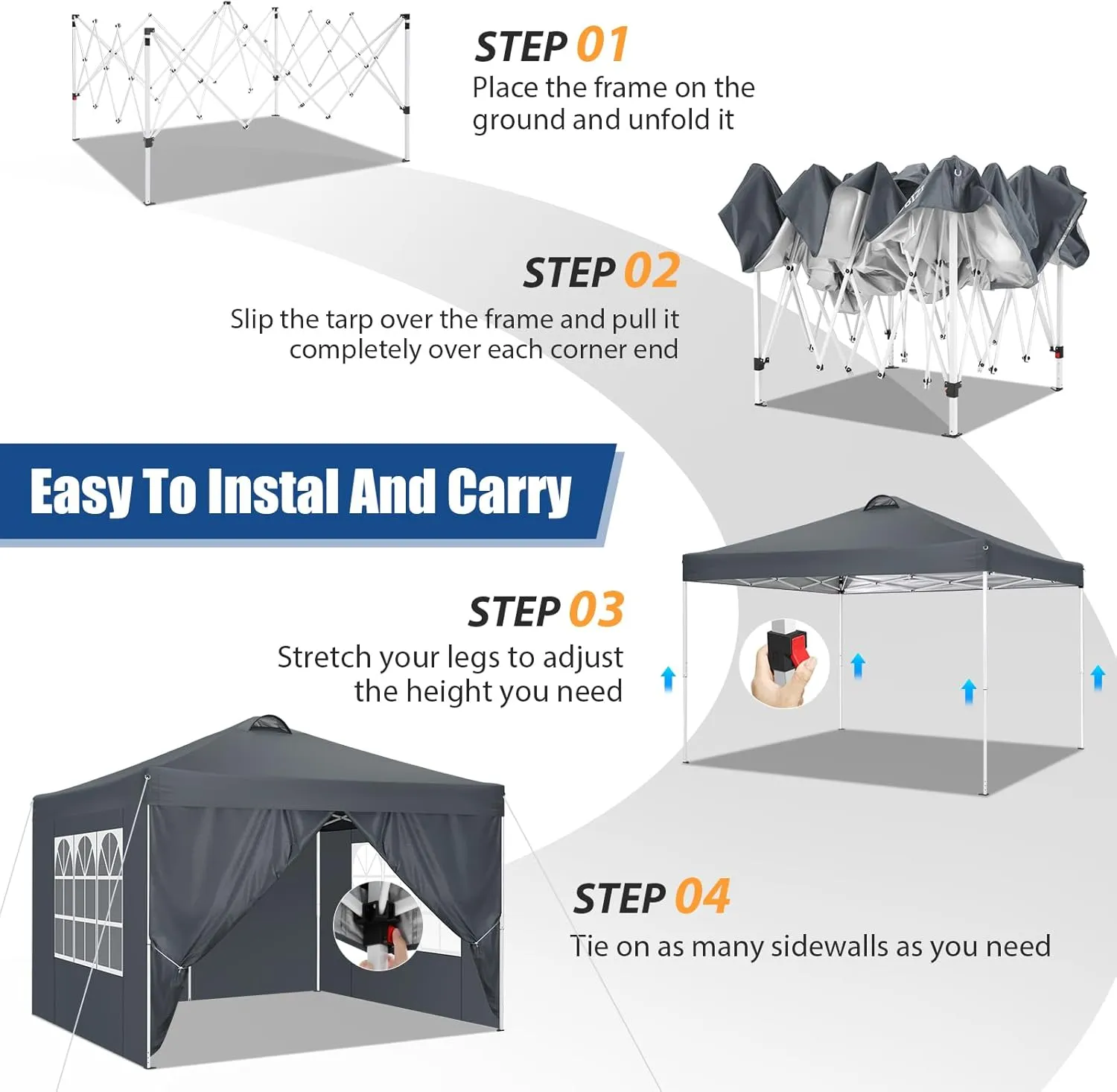 COBIZI 10x10 Pop Up Canopy Outdoor Ez Up Canopy Waterproof UPF50  Sun Protection Shade Tent, Gazebo with 3 Adjustable Height, Air Vent, 4 Sandbags, Carrying Bag for Camping, Party, Beach(Grey)