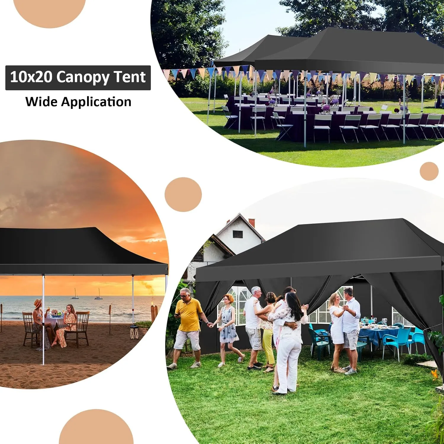 COBIZI 10x20 Pop Up Canopy with 6 Sidewalls, Conical Party Tent 10x20 with 3 Adjustable Height Waterproof, UV-Resistant with Carry Bag, Sandbag, Stake, Ropes for Parties, Commercial (Frame Upgraded)
