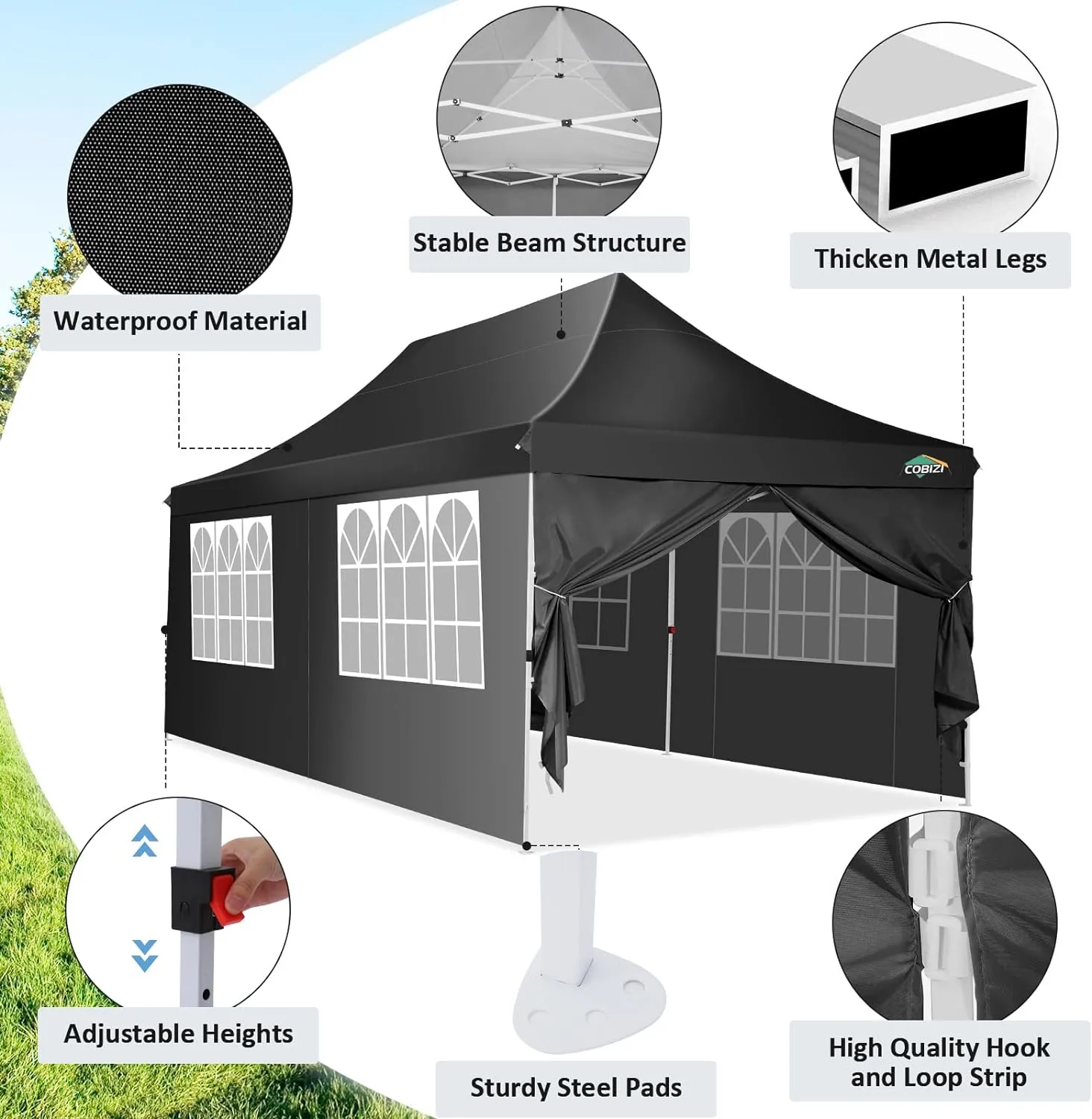 COBIZI 10x20 Pop Up Canopy with 6 Sidewalls, Conical Party Tent 10x20 with 3 Adjustable Height Waterproof, UV-Resistant with Carry Bag, Sandbag, Stake, Ropes for Parties, Commercial (Frame Upgraded)