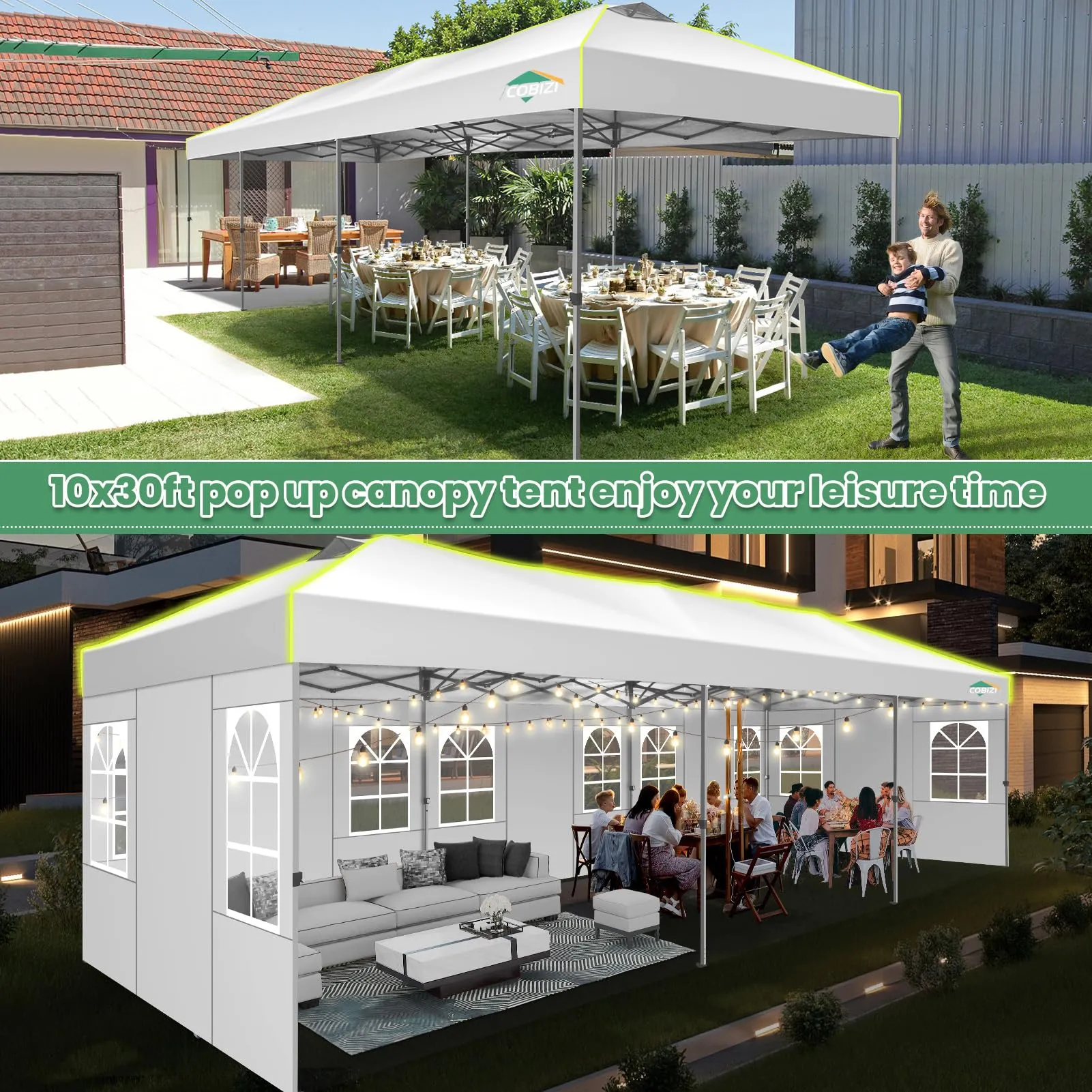 COBIZI 10x30 Pop Up Canopy with 8 Sidewalls, Canopy Tent for Parties, One Push Waterproof Commercial Wedding Canopy with Air Vent, UPF50  Ez Outdoor Gazebo, Roller Bag, Sandbag, Stakes, Ropes, White
