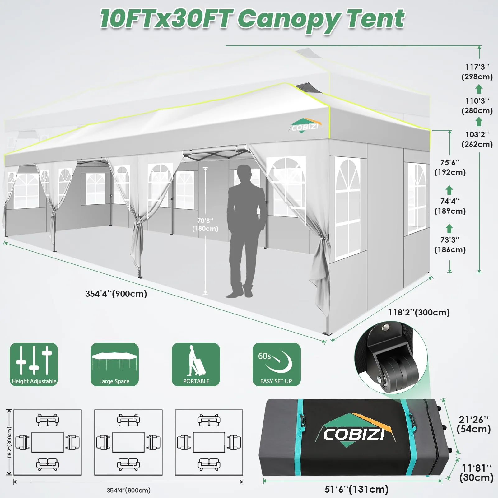 COBIZI 10x30 Pop Up Canopy with 8 Sidewalls, Canopy Tent for Parties, One Push Waterproof Commercial Wedding Canopy with Air Vent, UPF50  Ez Outdoor Gazebo, Roller Bag, Sandbag, Stakes, Ropes, White
