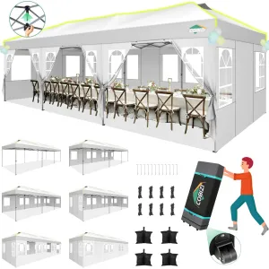 COBIZI 10x30 Pop Up Canopy with 8 Sidewalls, Canopy Tent for Parties, One Push Waterproof Commercial Wedding Canopy with Air Vent, UPF50  Ez Outdoor Gazebo, Roller Bag, Sandbag, Stakes, Ropes, White