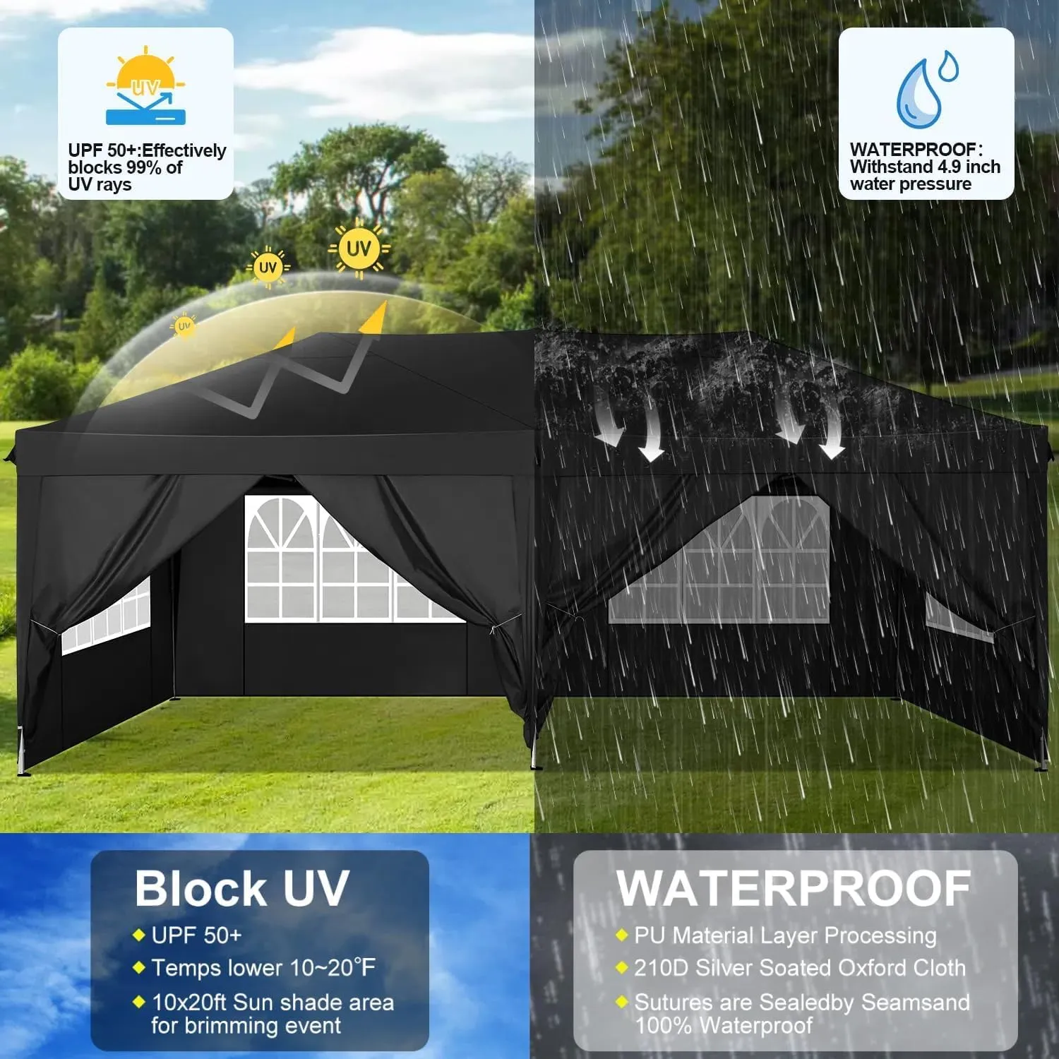 COBIZI Canopy 10x20 Pop Up Canopy Tent with 6 Sidewalls Easy Pop Up Tent 10x20 Waterproof Commercial Instant Shelter UPF 50  Portable Gazebo Wedding Tents for Parties Car Port Vender Events(Black
