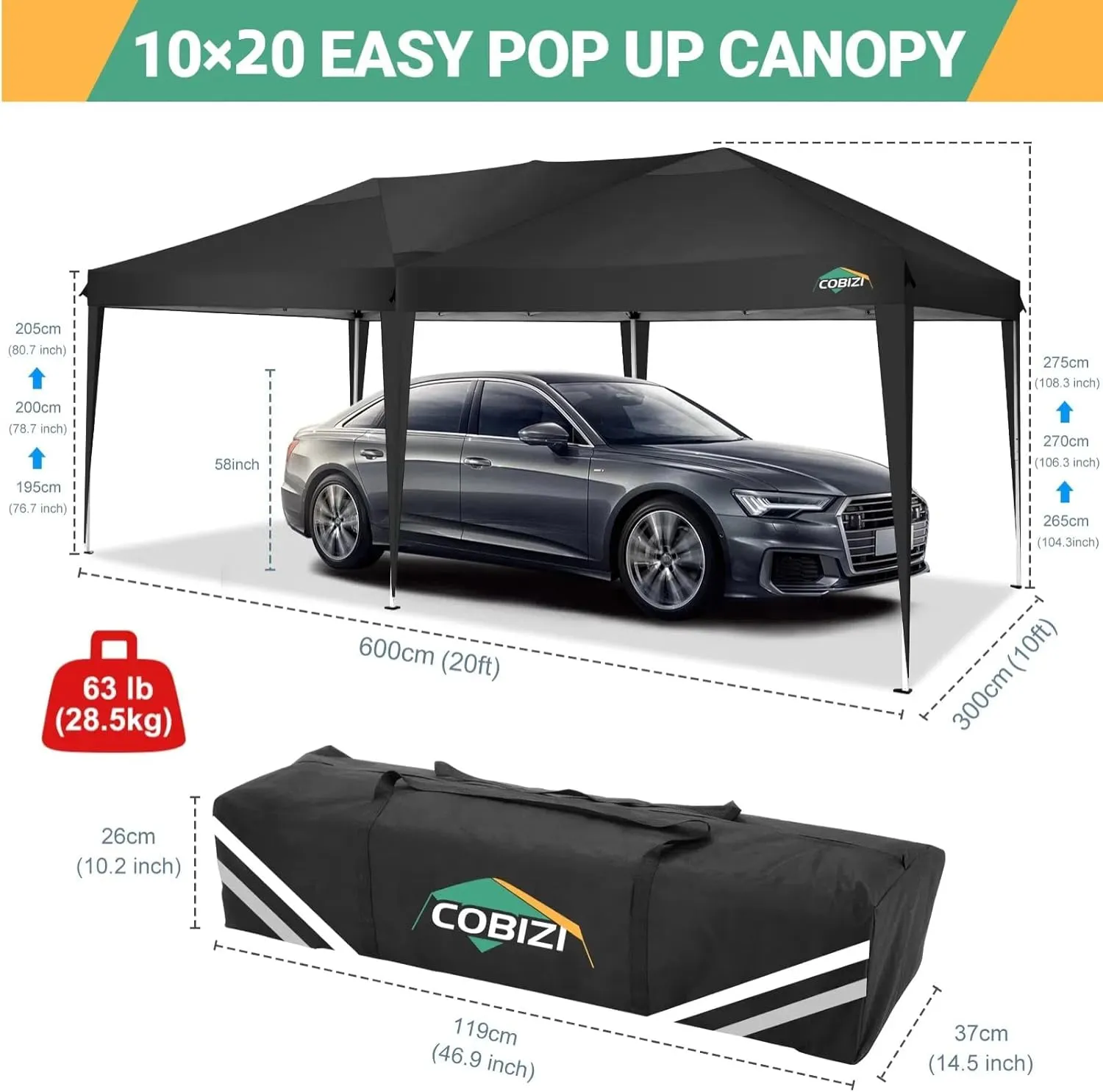 COBIZI Canopy 10x20 Pop Up Canopy Tent with 6 Sidewalls Easy Pop Up Tent 10x20 Waterproof Commercial Instant Shelter UPF 50  Portable Gazebo Wedding Tents for Parties Car Port Vender Events(Black