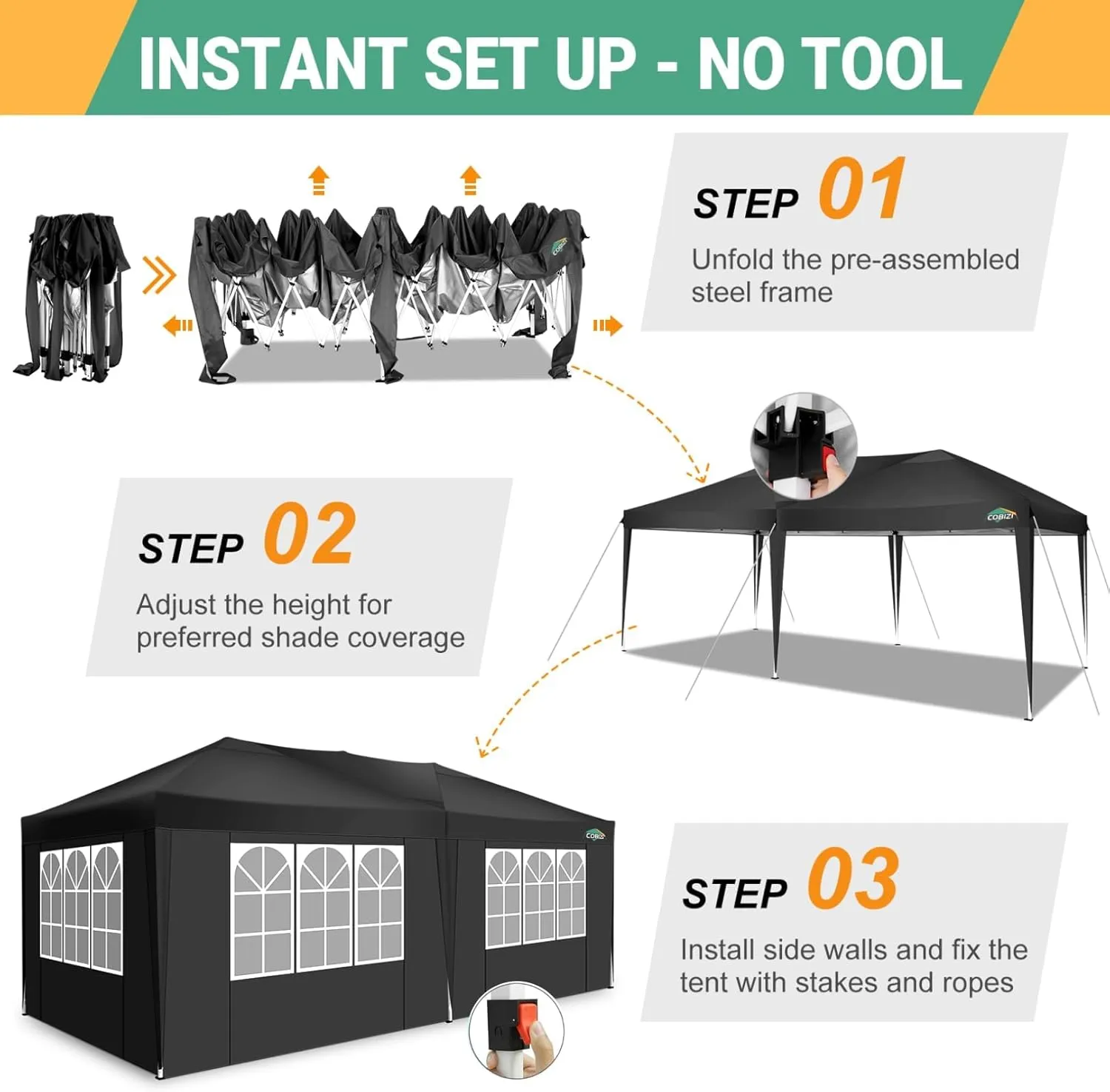 COBIZI Canopy 10x20 Pop Up Canopy Tent with 6 Sidewalls Easy Pop Up Tent 10x20 Waterproof Commercial Instant Shelter UPF 50  Portable Gazebo Wedding Tents for Parties Car Port Vender Events(Black