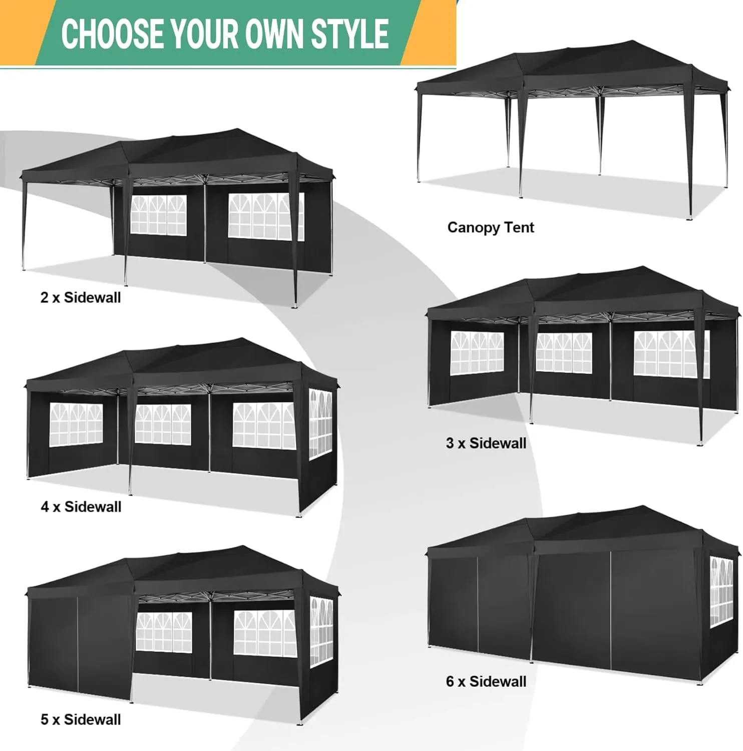 COBIZI Canopy 10x20 Pop Up Canopy Tent with 6 Sidewalls Easy Pop Up Tent 10x20 Waterproof Commercial Instant Shelter UPF 50  Portable Gazebo Wedding Tents for Parties Car Port Vender Events(Black