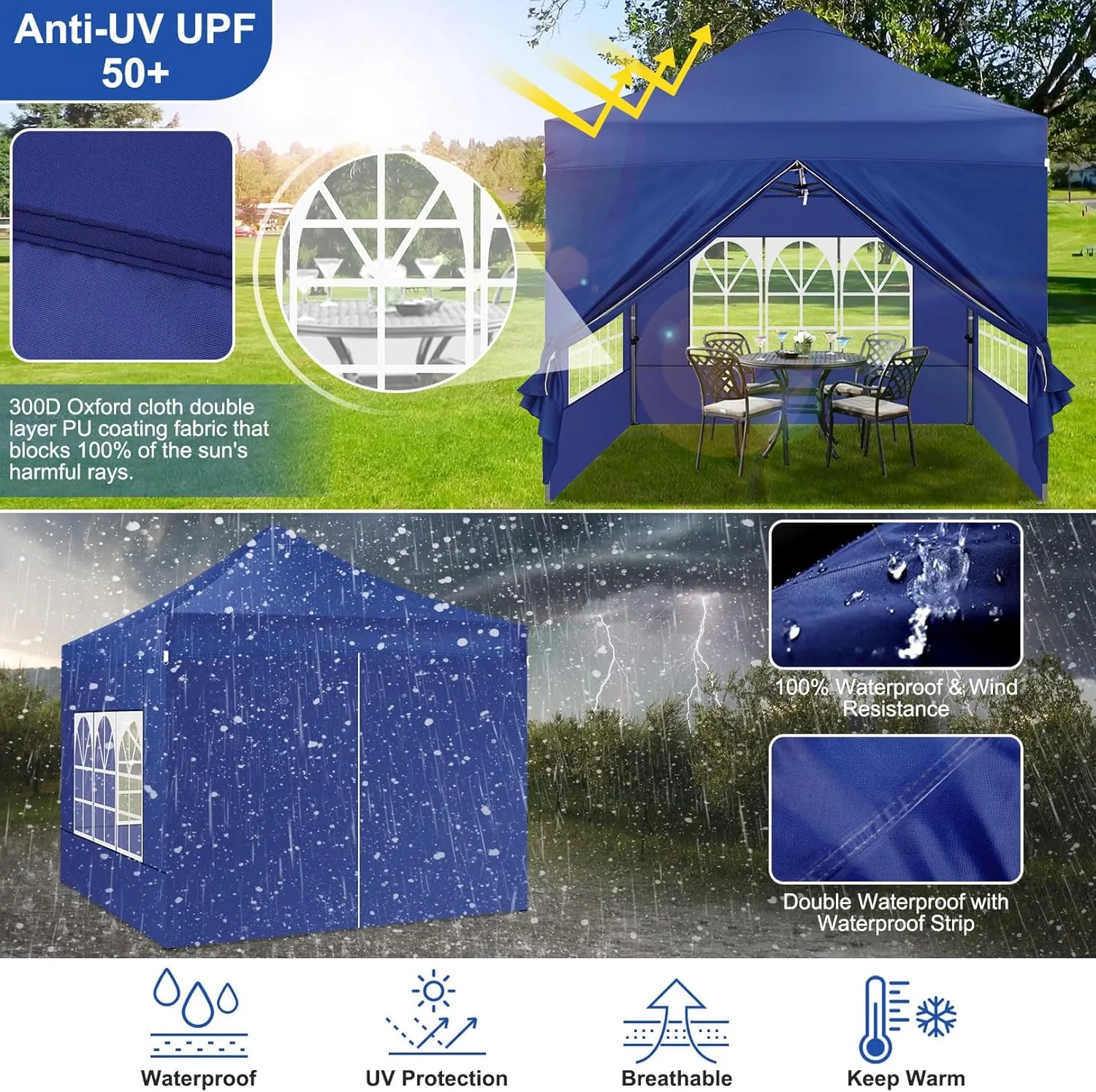 COBIZI Pop up Canopy Tent 10x10 Heavy Duty Gazebo with 4 Sidewalls, UPF 50  All Weather Waterproof Commercial Outdoor Wedding Party Tents Canopy with Roller Bag,Dark Blue