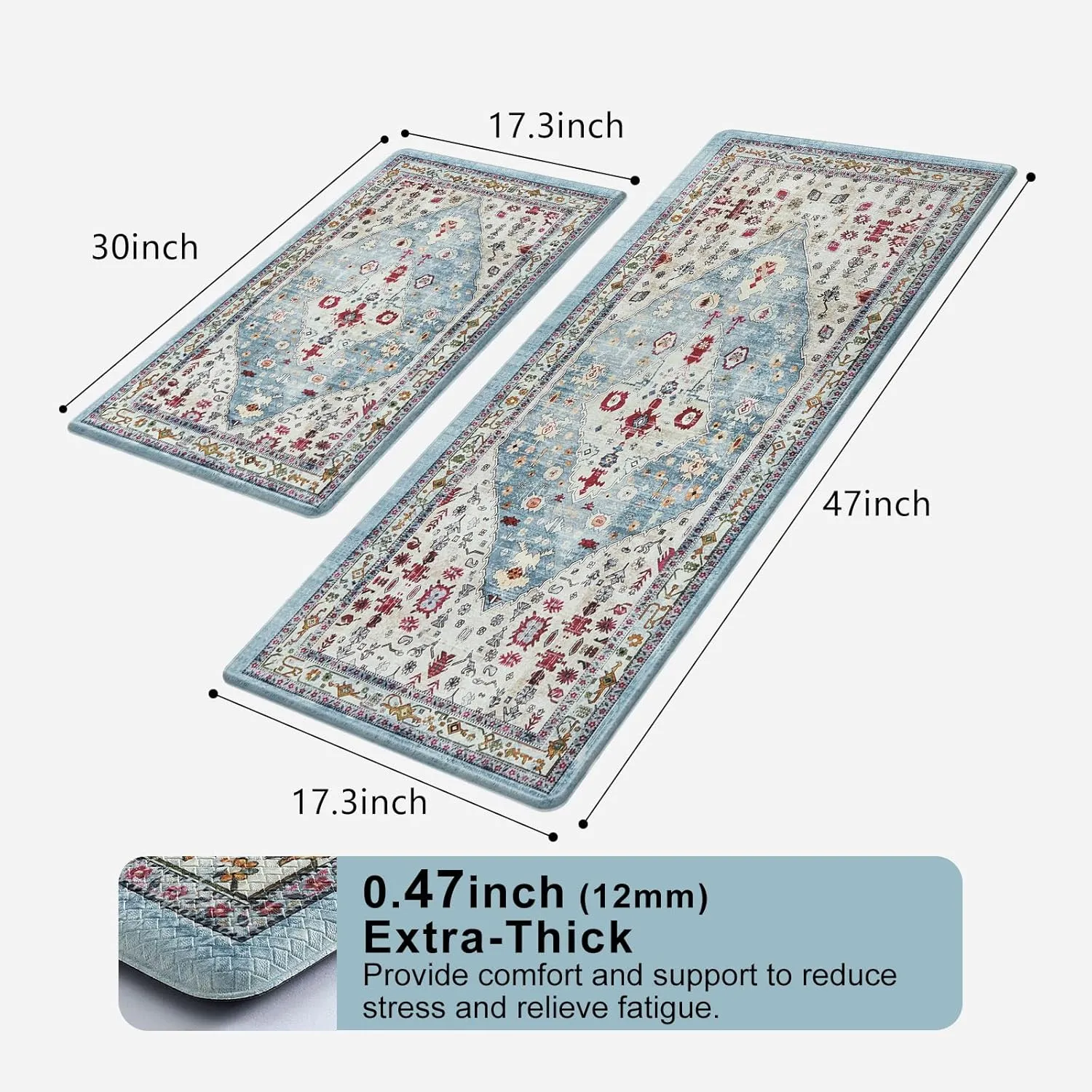 Collive Boho Kitchen Rugs and Mats 2PCS Cushioned Anti-Fatigue Floor Mat, Waterproof Kitchen Rug Set of 2 Non-Skid Comfort Standing Mat for Kitchen,Home,Office,Sink,Laundry,17"x30" 17"x47"