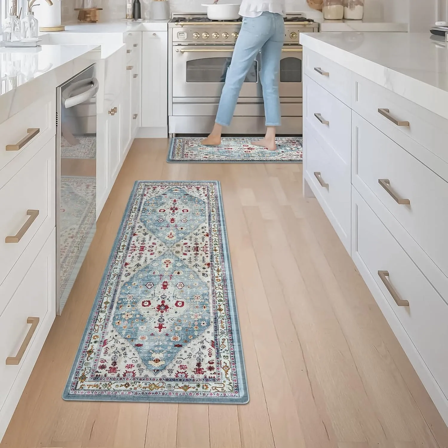 Collive Boho Kitchen Rugs and Mats 2PCS Cushioned Anti-Fatigue Floor Mat, Waterproof Kitchen Rug Set of 2 Non-Skid Comfort Standing Mat for Kitchen,Home,Office,Sink,Laundry,17"x30" 17"x47"