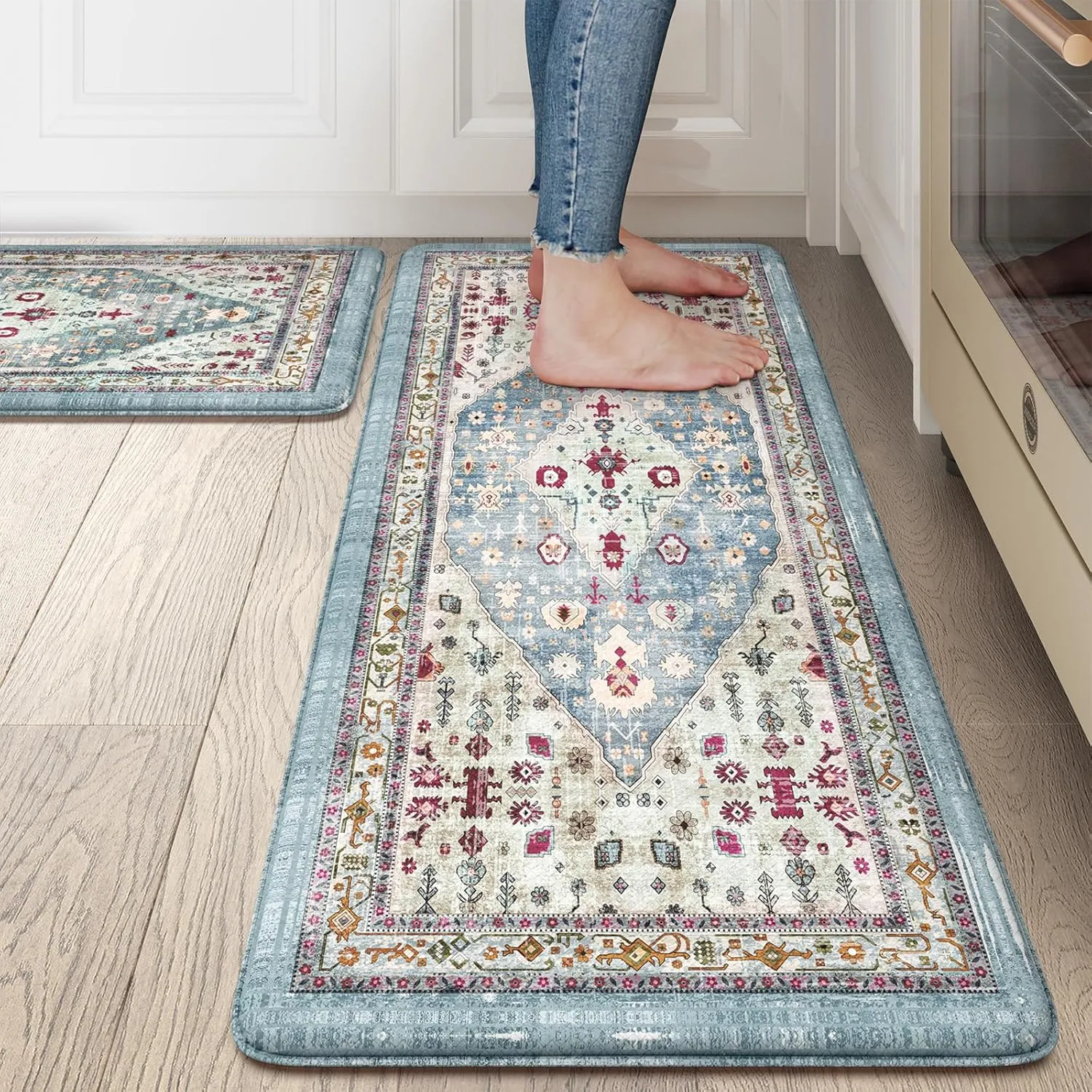 Collive Boho Kitchen Rugs and Mats 2PCS Cushioned Anti-Fatigue Floor Mat, Waterproof Kitchen Rug Set of 2 Non-Skid Comfort Standing Mat for Kitchen,Home,Office,Sink,Laundry,17"x30" 17"x47"