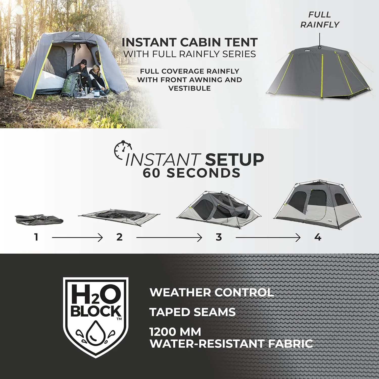 CORE Instant Cabin Tents | 6 Person / 9 Person / 10 Person / 12 Person Family Cabin Multi Room Pop Up Tents Car Camping | Included Storage Pockets for Camping Accessories