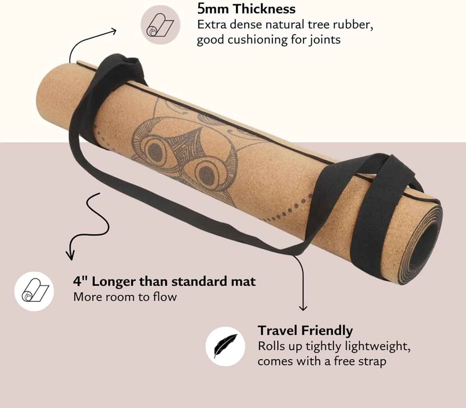 Cork TPE Yoga Mat, Non-Slip Fitness Mat with Carry Strap, Storage Bag, Tension Belt, for Yoga Pilates Exercise Home Gym