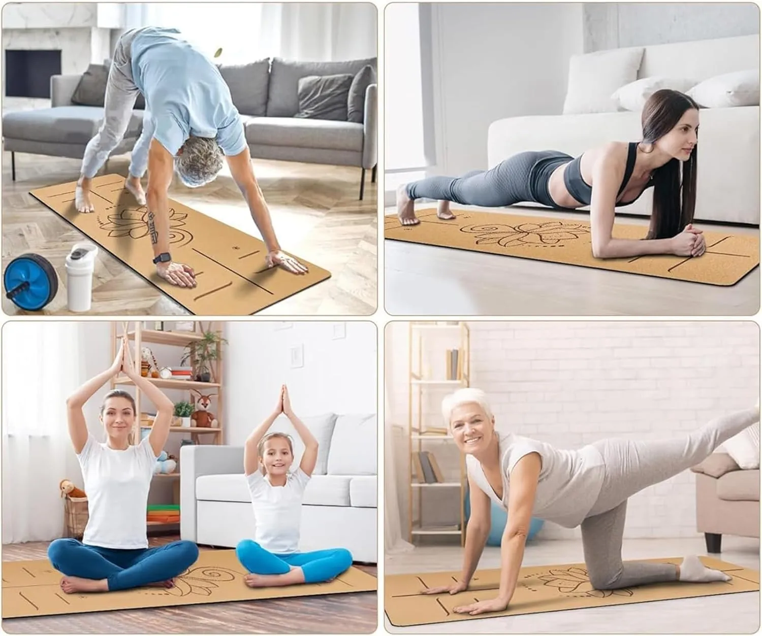 Cork TPE Yoga Mat, Non-Slip Fitness Mat with Carry Strap, Storage Bag, Tension Belt, for Yoga Pilates Exercise Home Gym