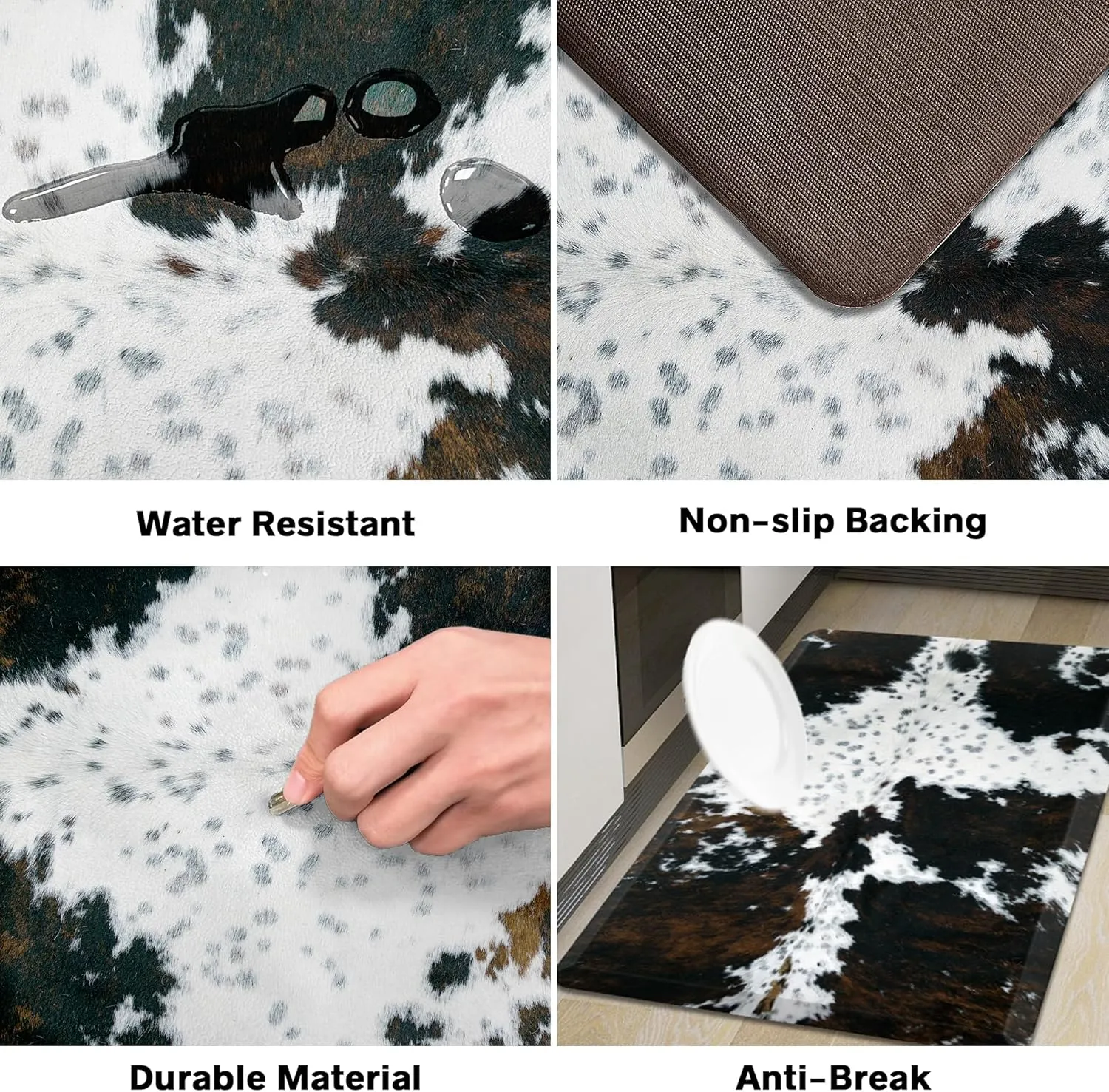 Cowhide Kitchen Mat Cushioned Anti Fatigue - 1/2 Inch Thick Western Cow Kitchen Mats for Floor, Non Slip PVC Waterproof Standing Desk Ergonomic Comfort Rugs for Sink, Office, Laundry, 17.3x39