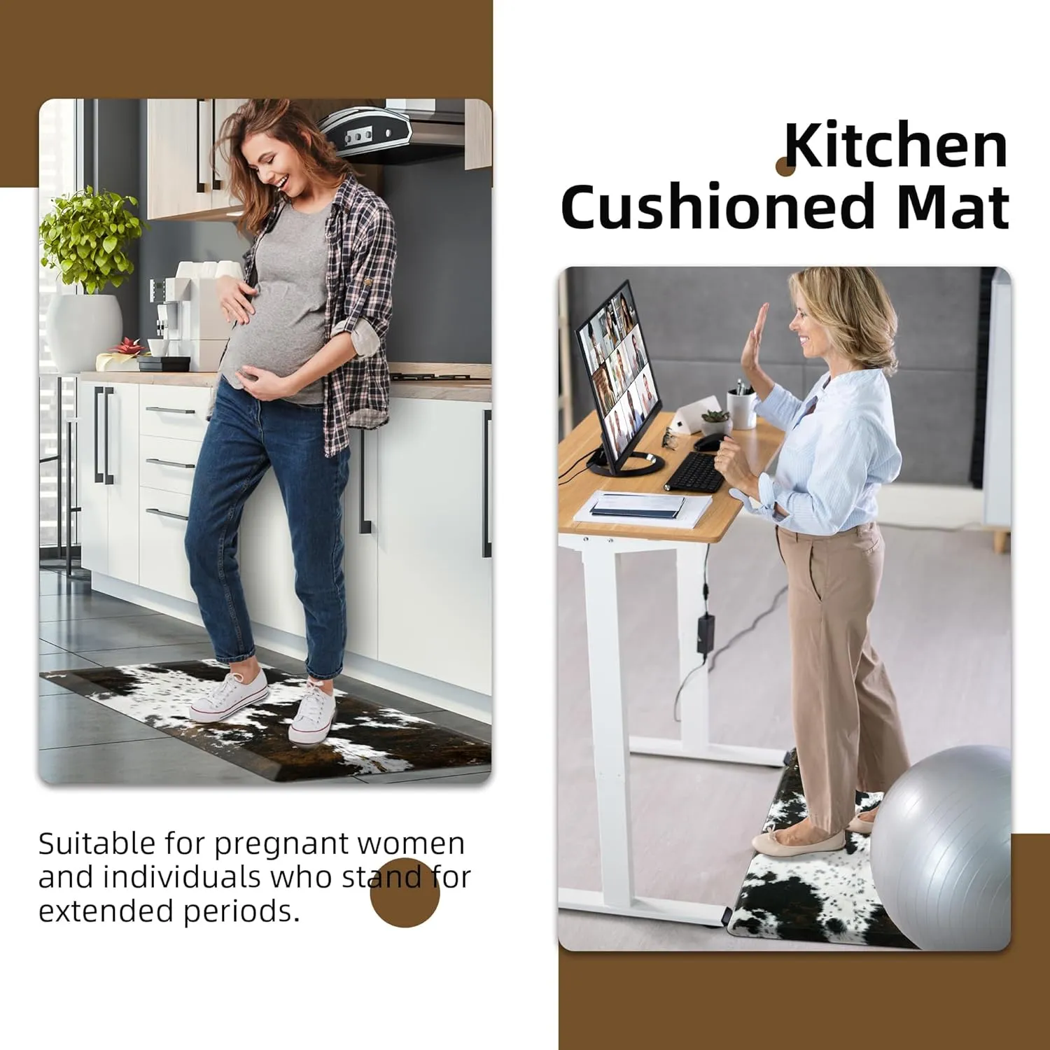 Cowhide Kitchen Mat Cushioned Anti Fatigue - 1/2 Inch Thick Western Cow Kitchen Mats for Floor, Non Slip PVC Waterproof Standing Desk Ergonomic Comfort Rugs for Sink, Office, Laundry, 17.3x39