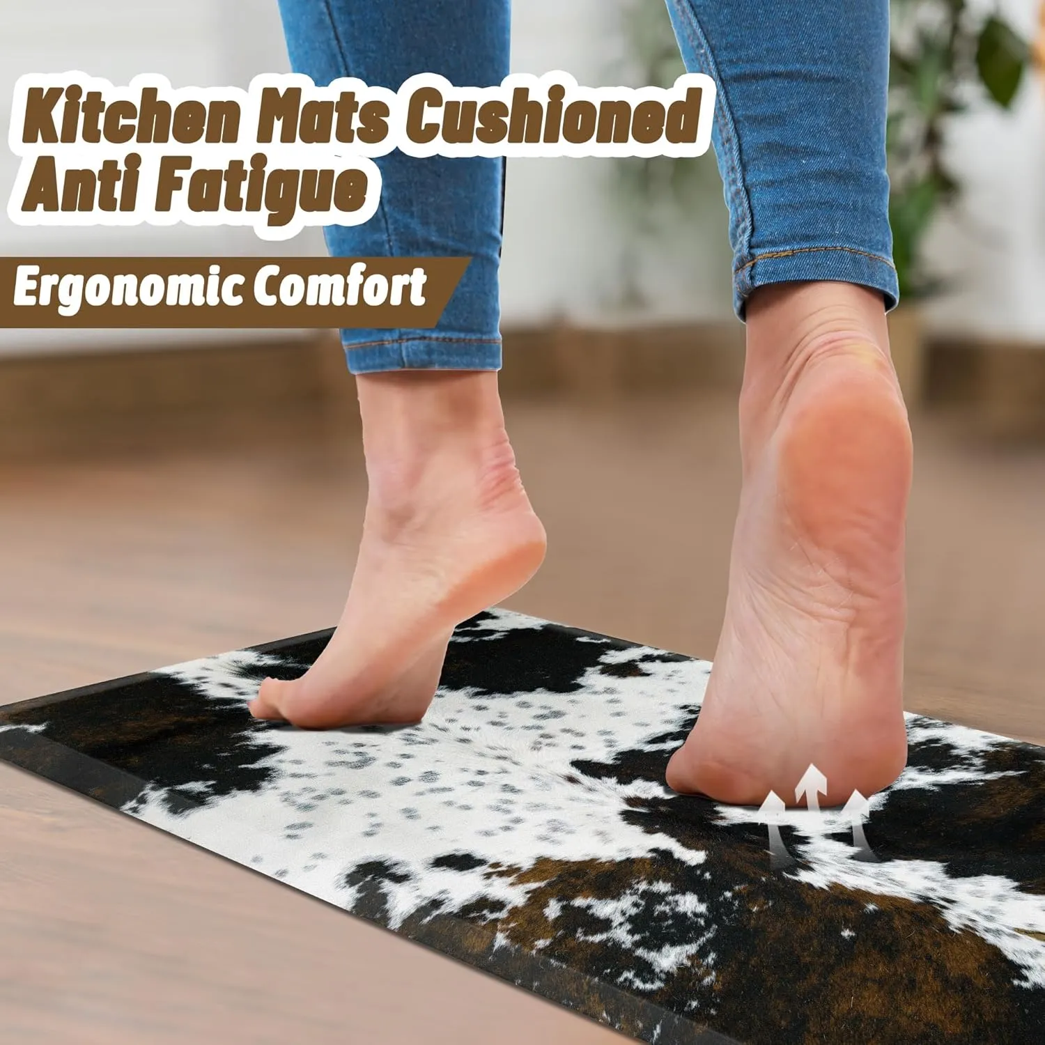 Cowhide Kitchen Mat Cushioned Anti Fatigue - 1/2 Inch Thick Western Cow Kitchen Mats for Floor, Non Slip PVC Waterproof Standing Desk Ergonomic Comfort Rugs for Sink, Office, Laundry, 17.3x39